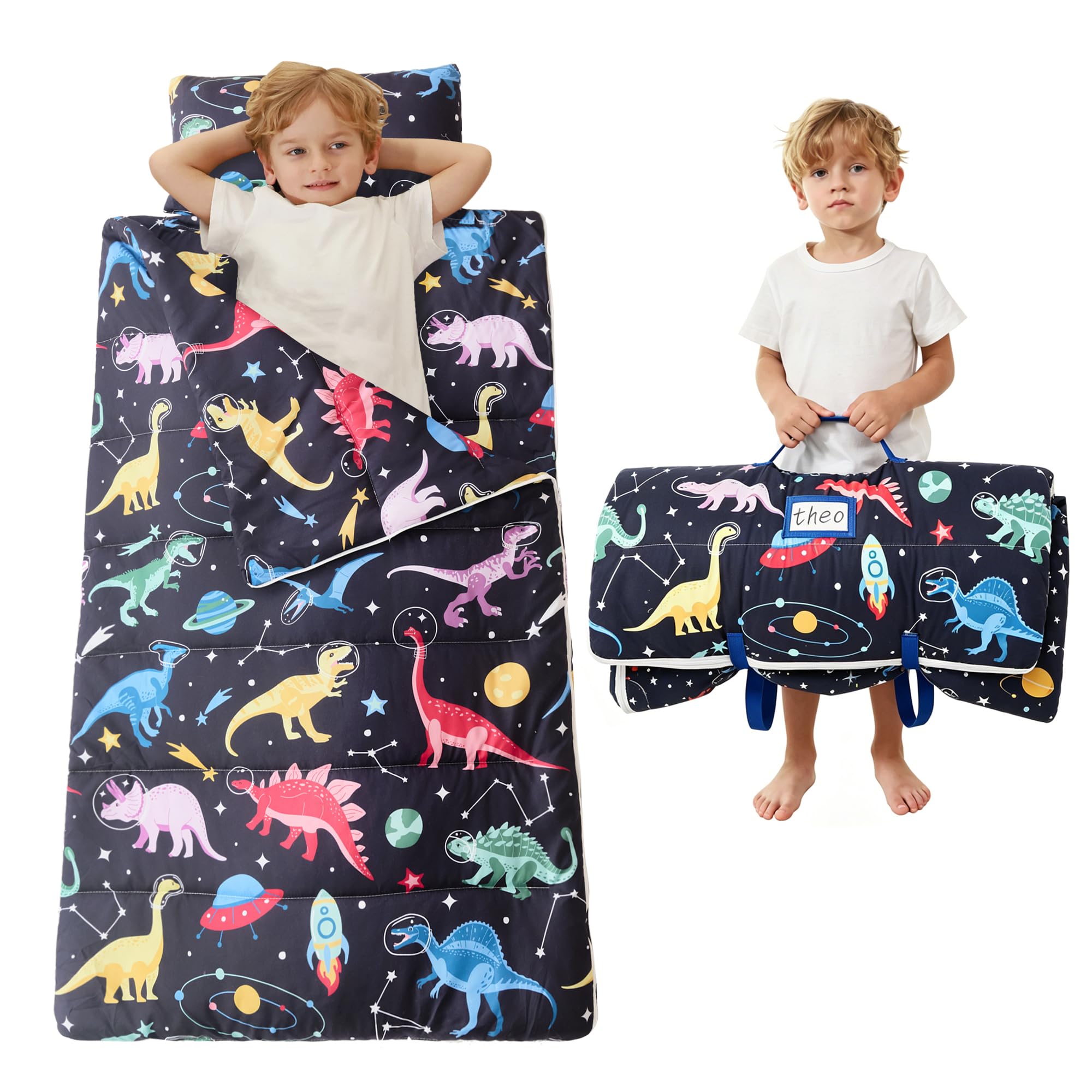Toddler Nap Mat for Preschool 50''x30'' Sleeping Mat with Removable Pillow and Minky Blanket for Kids Ages 3-7 Roll Up Soft Sleeping Bag for Boys Girls Kindergarten Daycare Sleepover