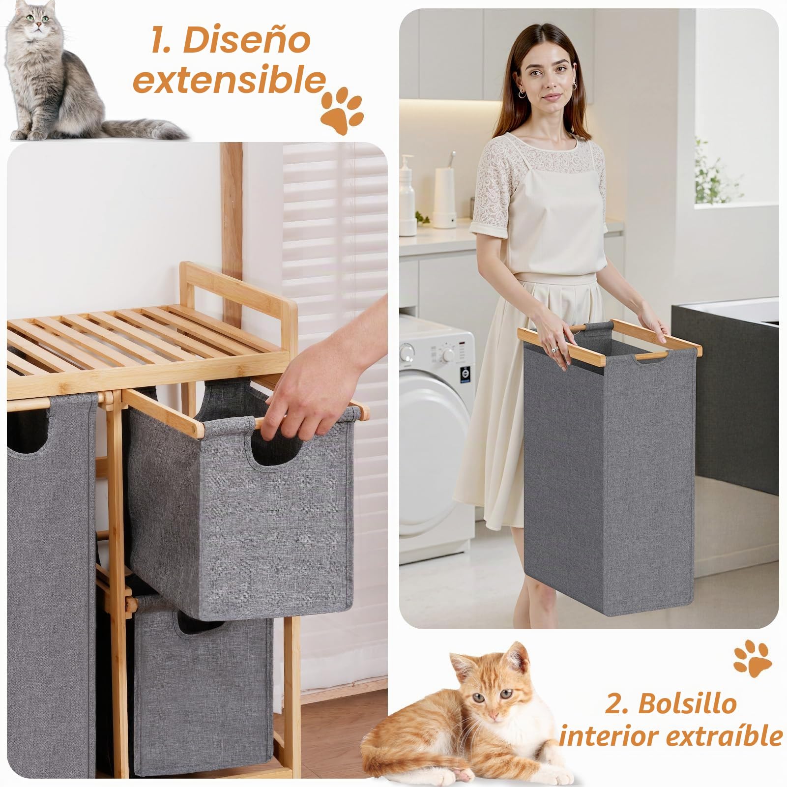 iEGrow Cesta de lavandería de 3 compartimentos con estante, cesta de bambú con ruedas, 3 bolsas de lavandería extraíbles de 50 L, organizador de lavandería gris, cesta de lavandería de 3 secciones