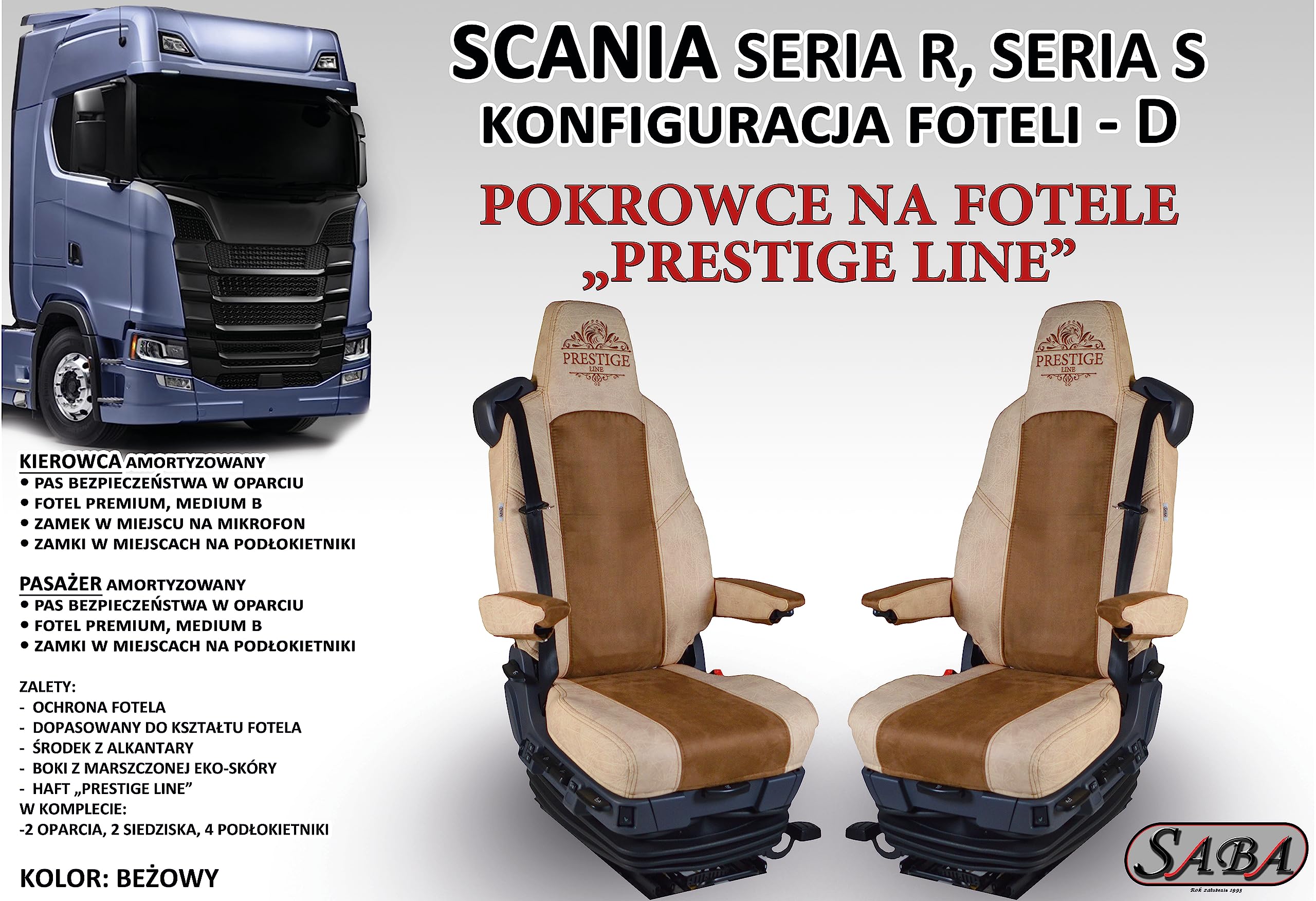 Camion Housses de Siège pour Scania Séries R et S - Accessoire Camion | PRESTIGE LINE Housses conducteur et passager avec ceintures - Siège passager non suspendu en similicuir
