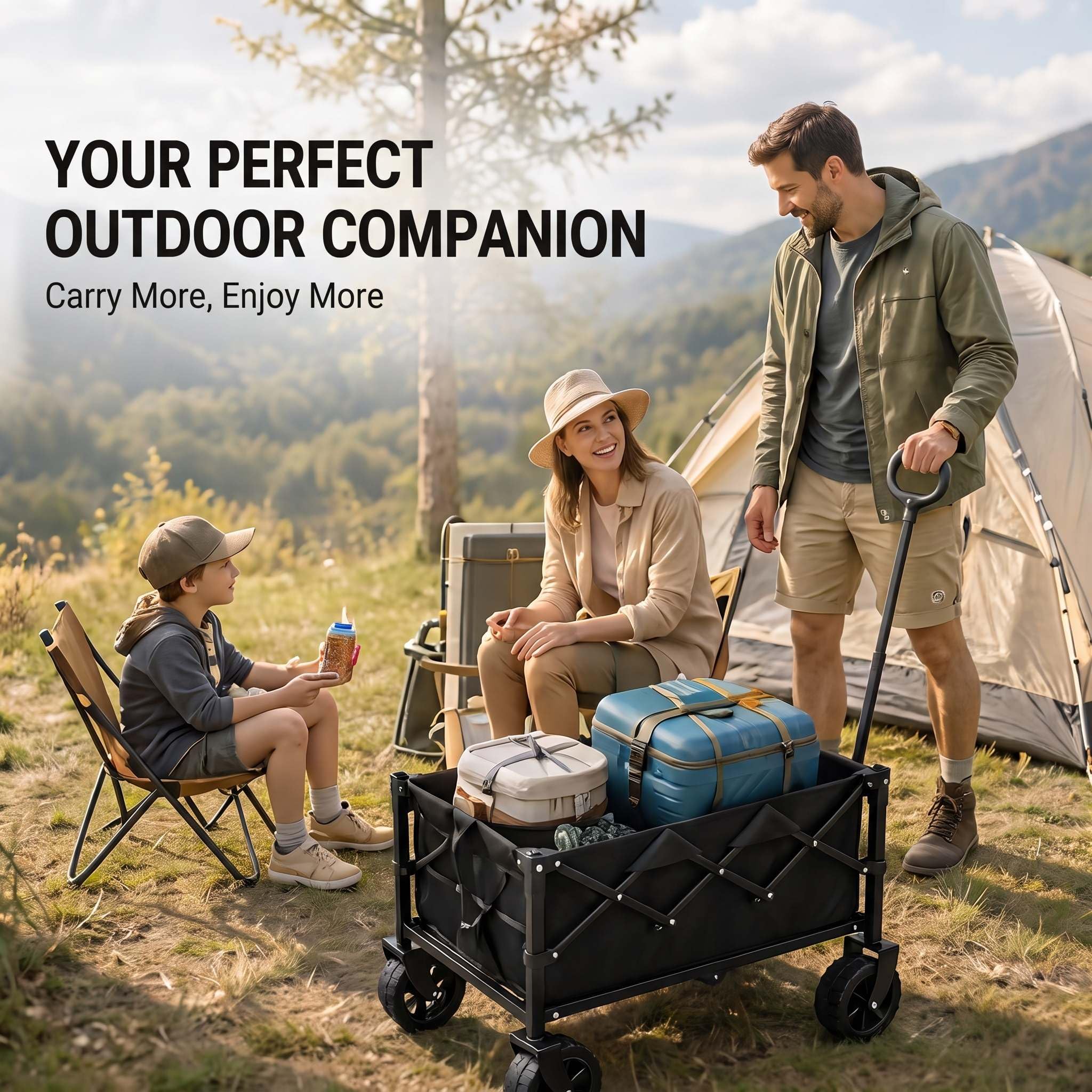 Chariot de transport pliable avec roues tout-terrain et poignée | Chariot d'extérieur robuste avec tissu Oxford, idéal pour le camping, la plage, le jardinage et les courses