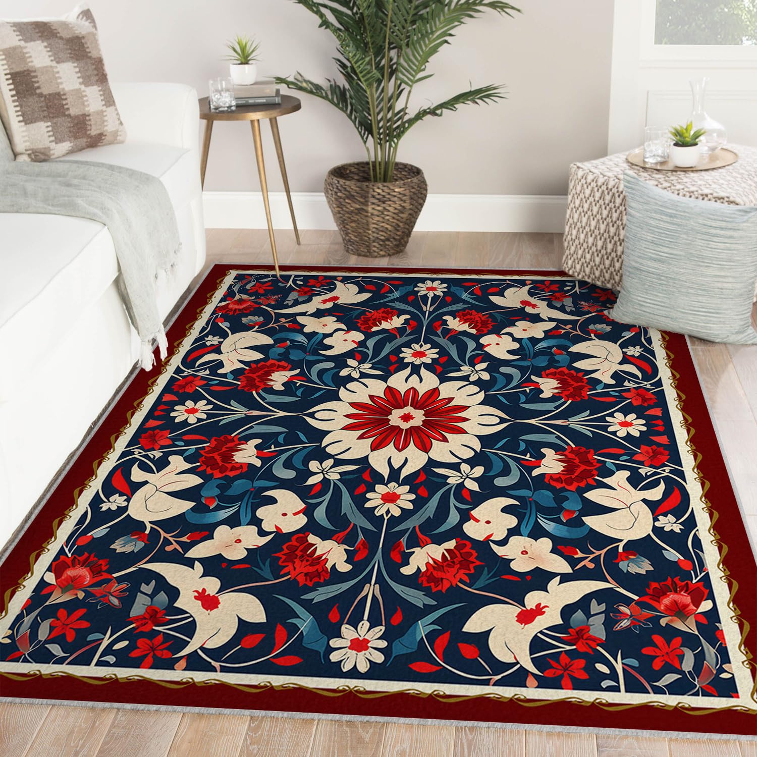 Tapis rétro de Salon Tapis Grands Doux lavables Fleurs Style bohème intérieur résistant Taches Moquette pour Chambre sous Table Cuisine décoration Bureau 180x240cm