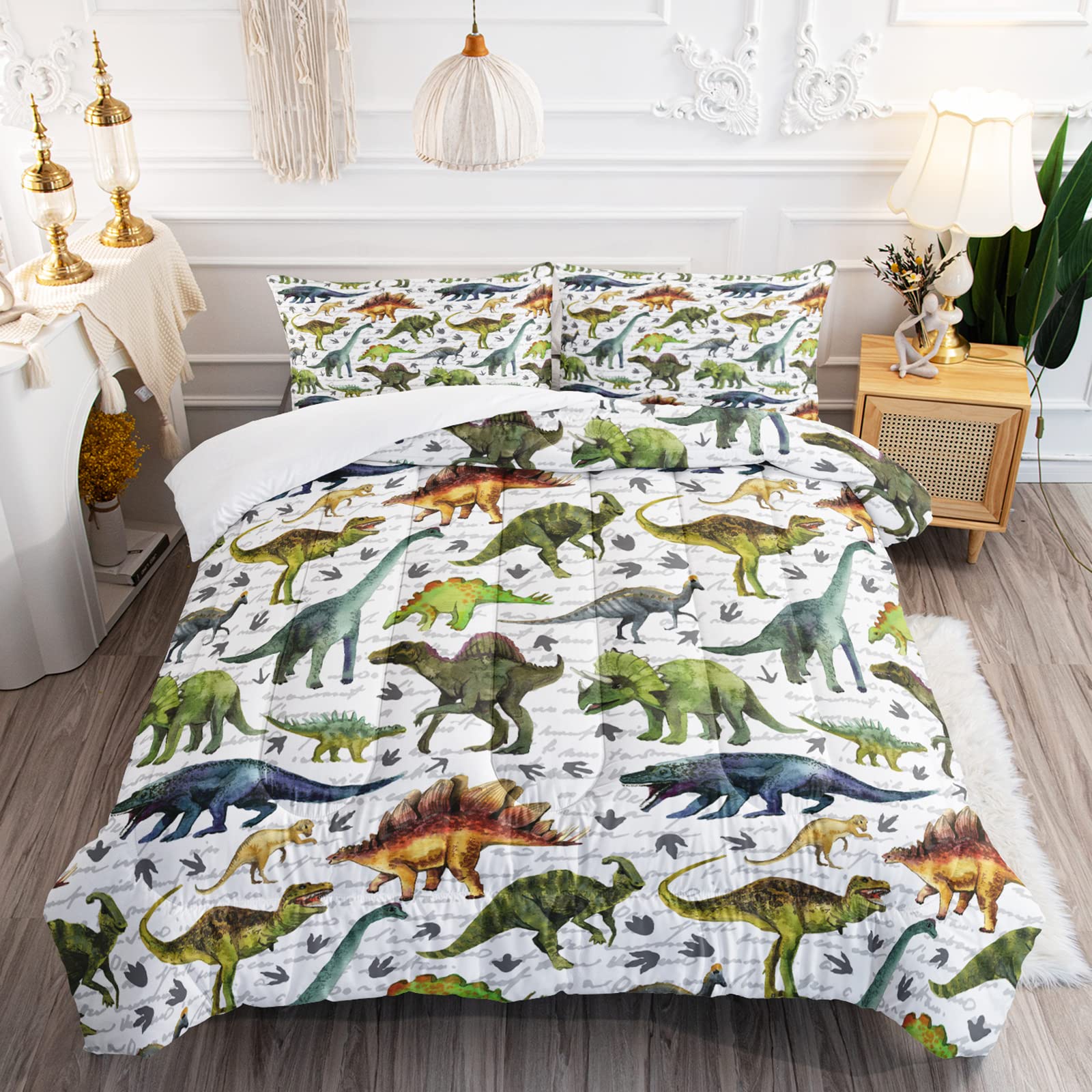 BailiPromise Dinosaur Duvet Set Twin Size,Jurassic Dino 3 Piece Bedding Set,Boys Comforter with Pillow Shames, for All Seasons, Ultra-Soft, Lightweight, Breathable