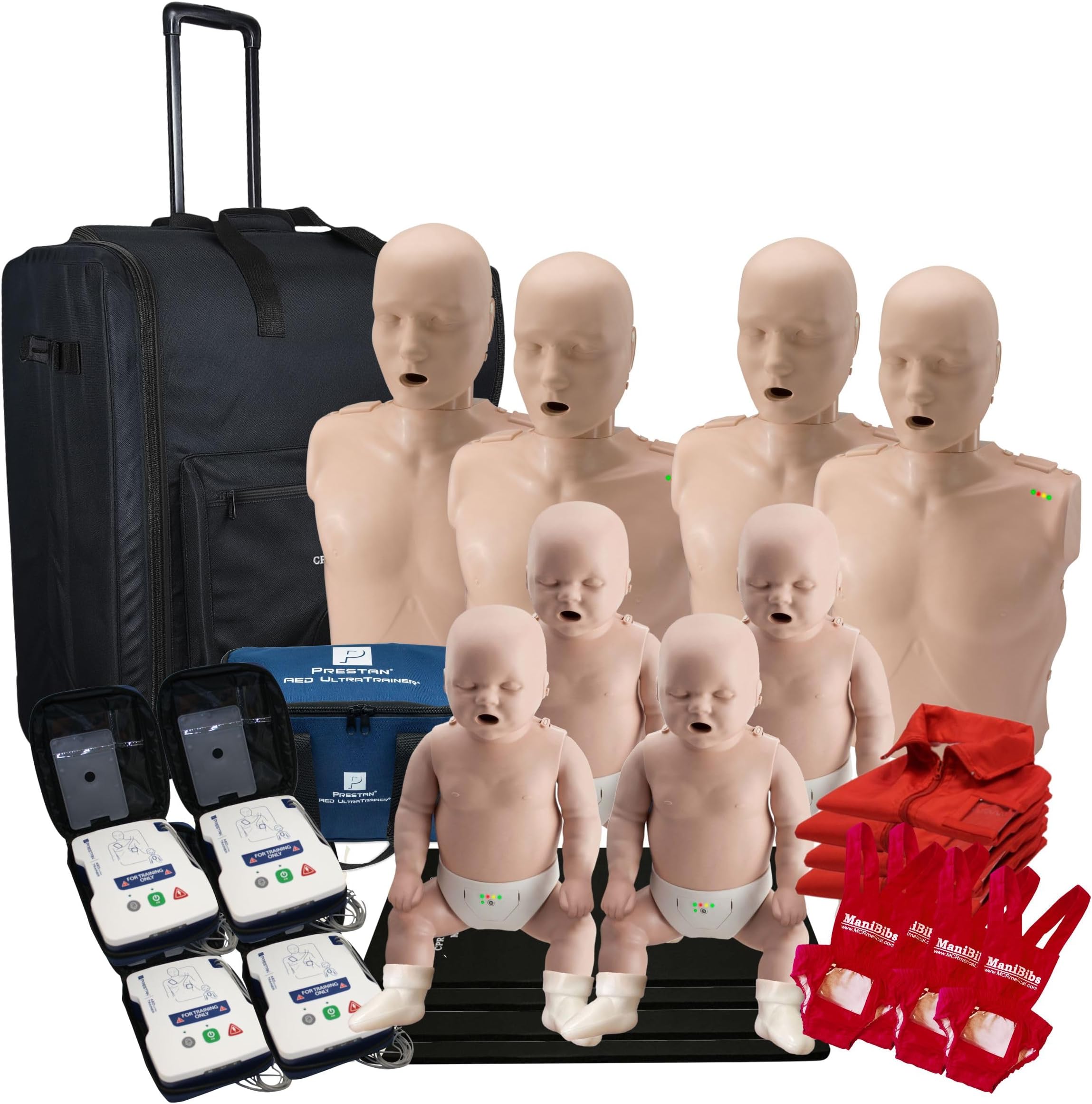 MCR Medical PRESTAN CPR Adult Manikin 4-Pack w. Feedback, Infant Manikin 4-Pack w. Feedback, AED UltraTrainers, Wheeled Carryall, & MCR Accessories