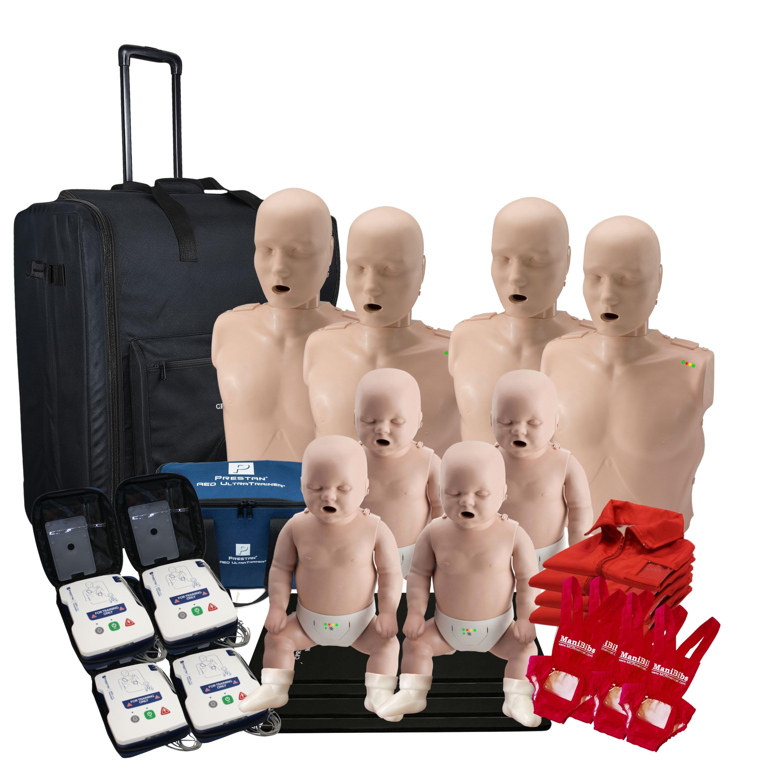MCR Medical PRESTAN CPR Adult Manikin 4-Pack w. Feedback, Infant Manikin 4-Pack w. Feedback, AED UltraTrainers, Wheeled Carryall, & MCR Accessories