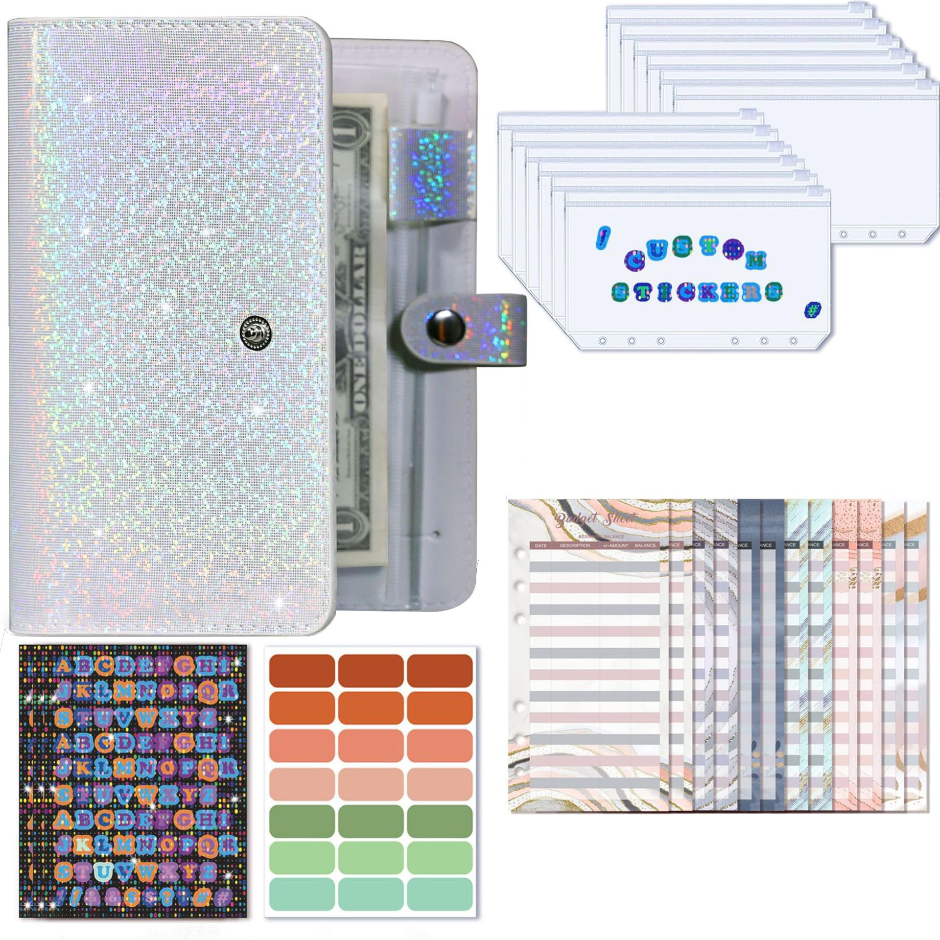 Budget Binder, Cash Envelopes for Budgeting, Money Organizer for Cash, Budget Binder with Cash Envelopes, 6-Ring Money Saving Binder (Silver)