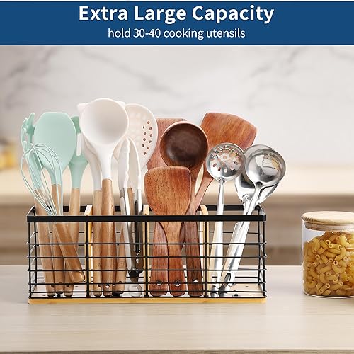 Miniatura 4 de ALOCEO Soporte para utensilios de cocina para encimera, soporte grande para utensilios de cocina negro mate con base de madera, organizador