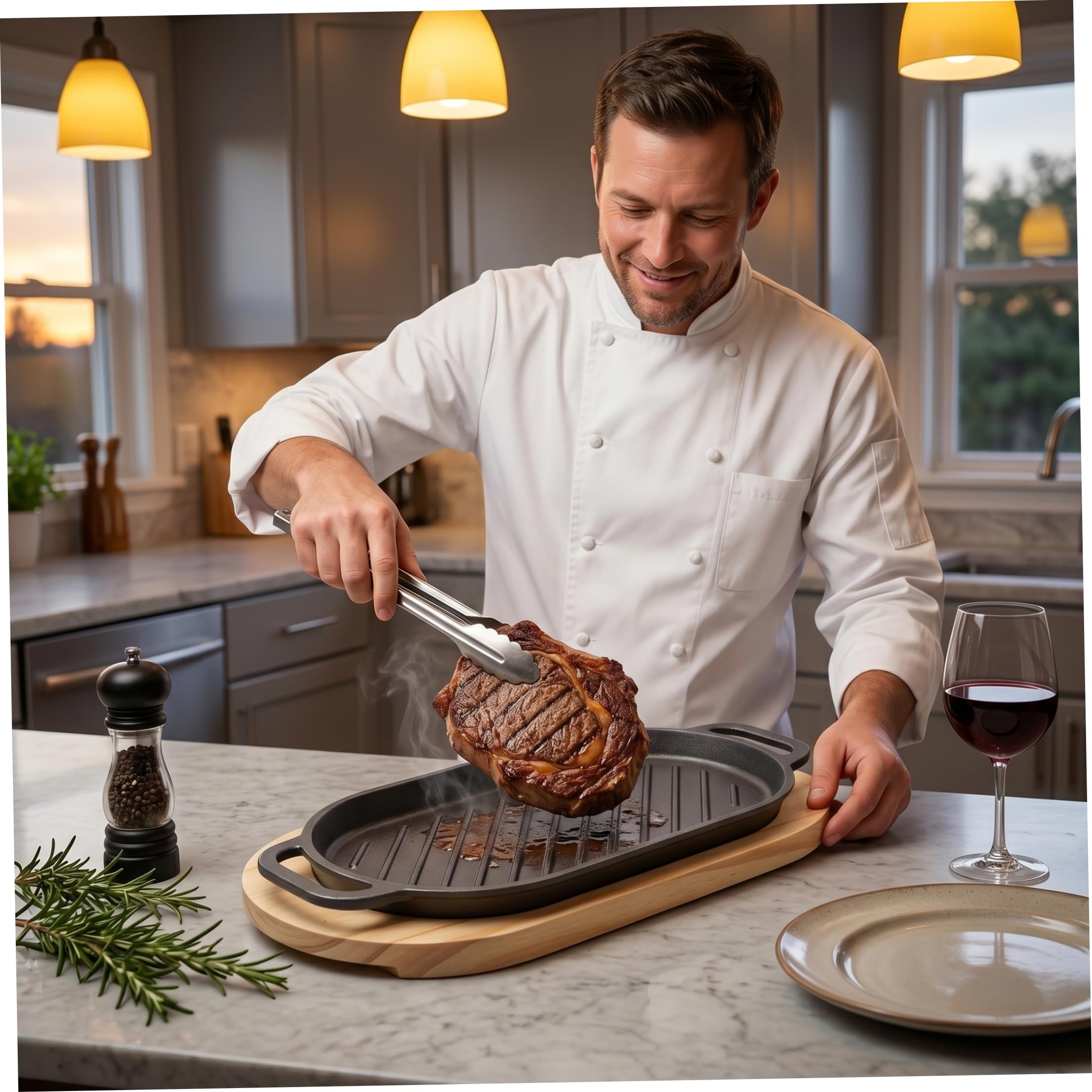 Plaque grésillante avec base en bois, plaque chauffante en fonte pour cuisinière à gaz, idéale pour les barbecues à la maison et l'ext..