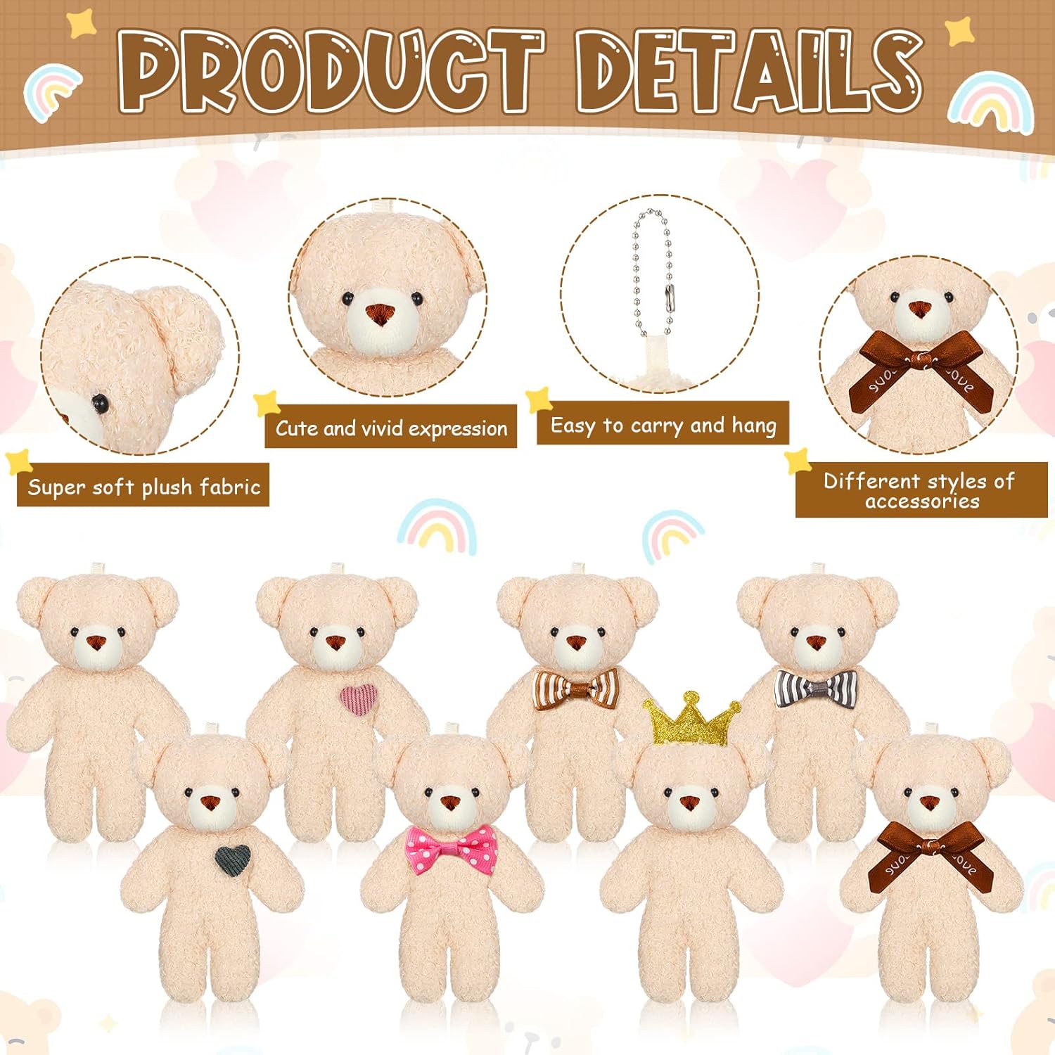 HyDren 40 Pcs Mini Bear Toy 4.7 Inch Stuffed Tiny Bear Soft Keychain Mini Stuffed Animal Small Plush Jointed Doll for Kids DIY Keychain Party Favor(Stylish Style)