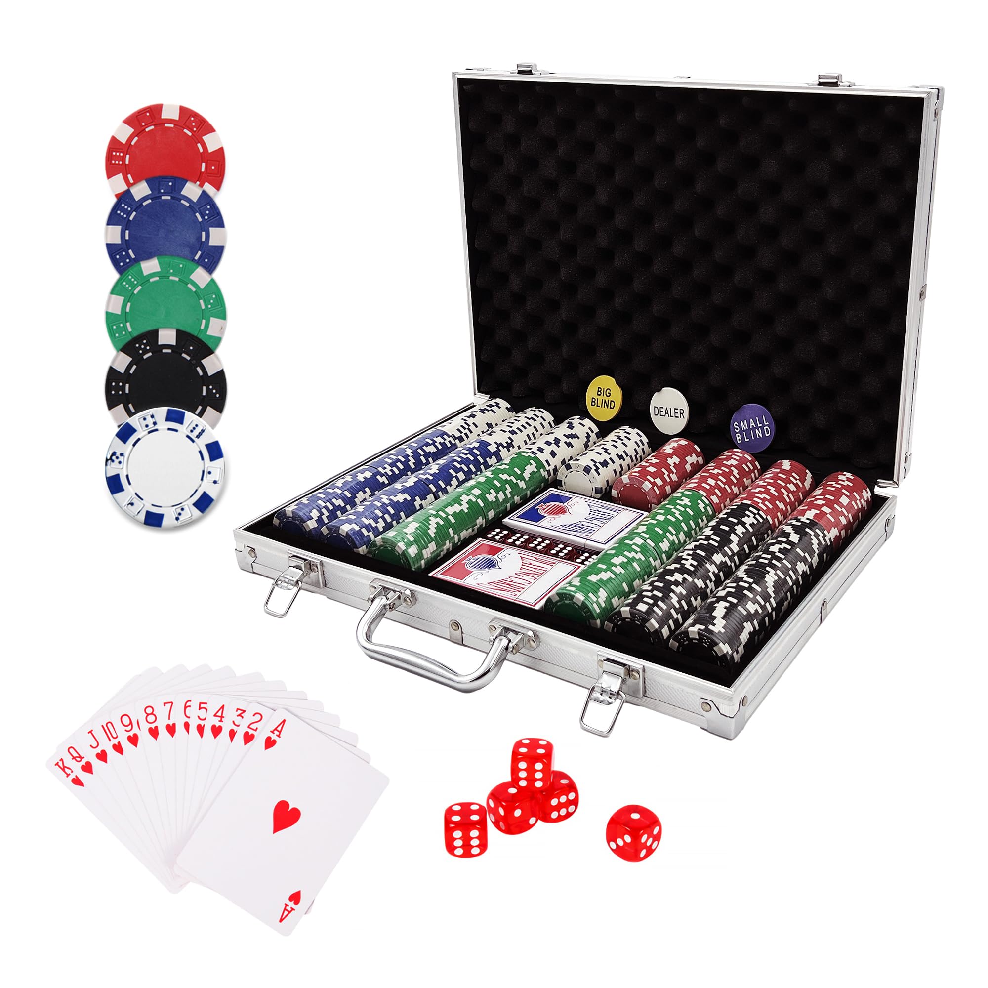 Valigetta da poker con 500 chip laser, 2 mazzi da poker, 3 bottoni, set completo da poker professionale Deluxe, set di strategia, valigetta in alluminio, dimensioni a scelta, gioco da poker