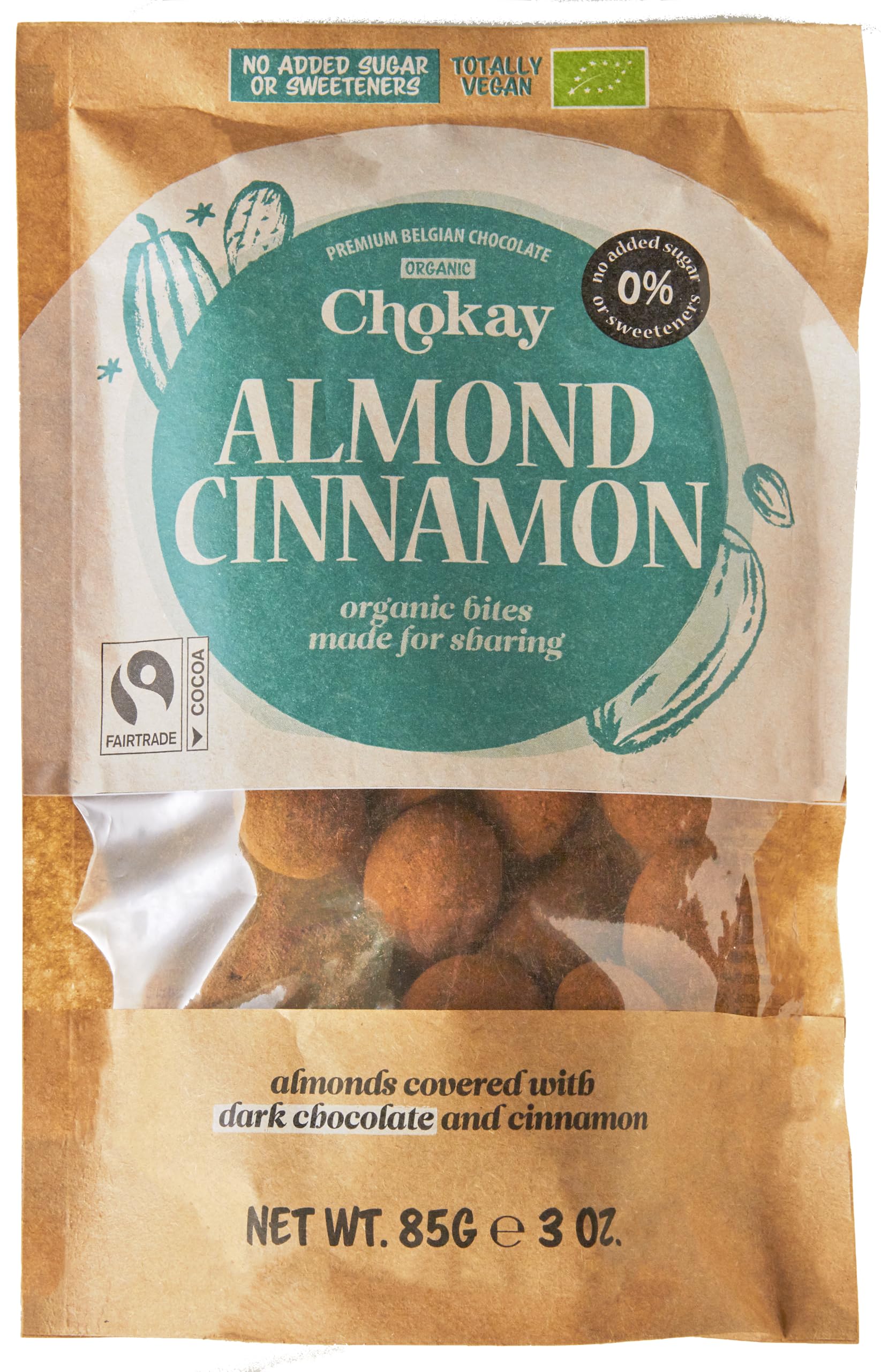Chokay BIO Bites 4er SET - ALMOND CINNAMON/Zimt-Mandeln in belgischer Zartbitter-Schokolade/Ohne Zuckerzusatz, ohne Süßungsmittel/VEGAN & FAIR TRADE / 4x85g