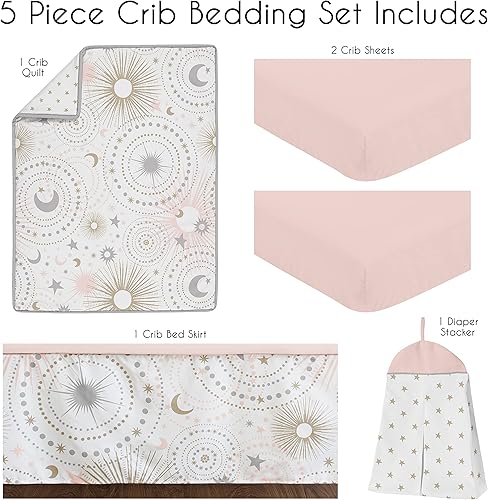 Miniatura 2 de Sweet Jojo Designs Juego de ropa de cama para cuna de bebé niña con estrellas y luna color rosa rubor y dorado para habitación de bebé sábana bajera