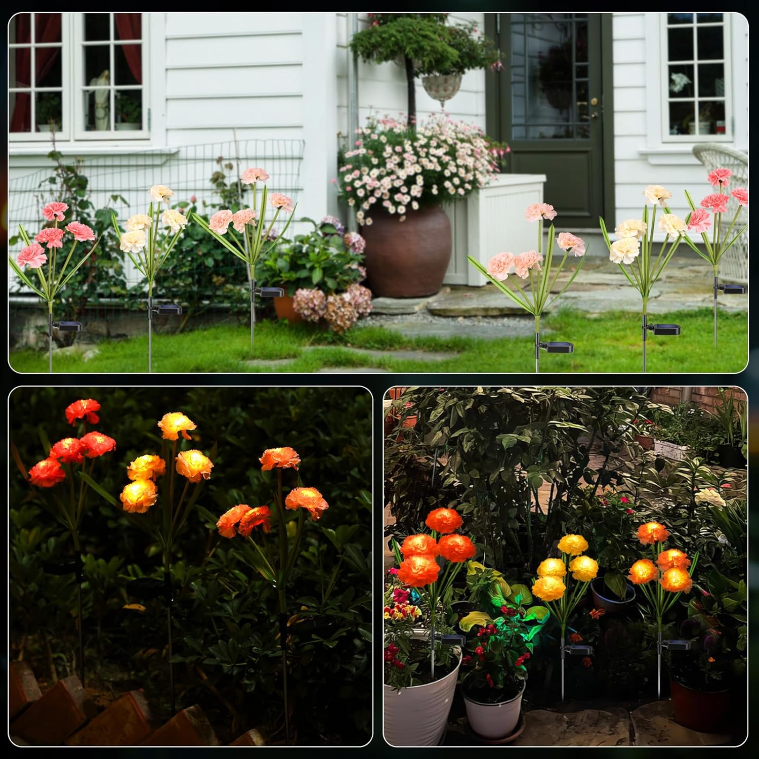 ReyeeInc Solar Flowers Outdoor Waterproof, Solar Carnation Stake Lights Outside with 12 Real Looking Flowers for Yard Decorations Outdoor, Front Yard, Garden, Flower Bed, Lawn, Patio Decor (3 Pack)