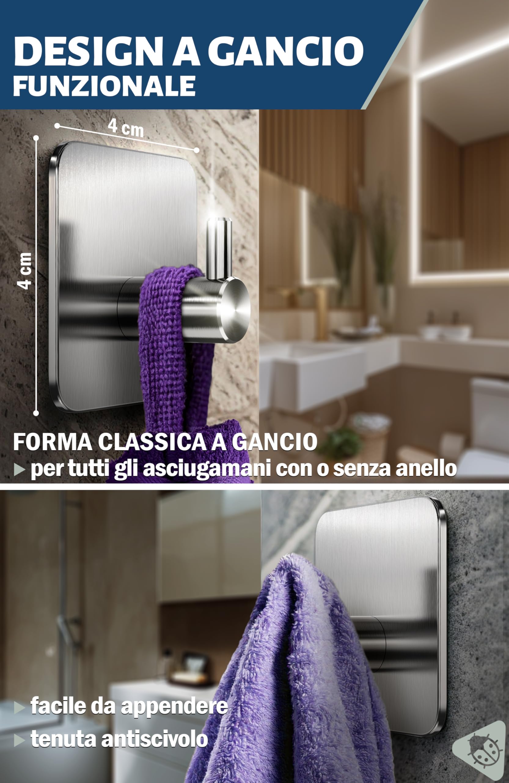 Menz Ganci Adesivi Bagno, Set di 4 - Adesivi Acciaio Inox di Alta Qualità, Appendi Porta Asciugamani Robusti, Appendi Accappatoio Bagno, Impermeabili per Cucina e Pareti, Argento