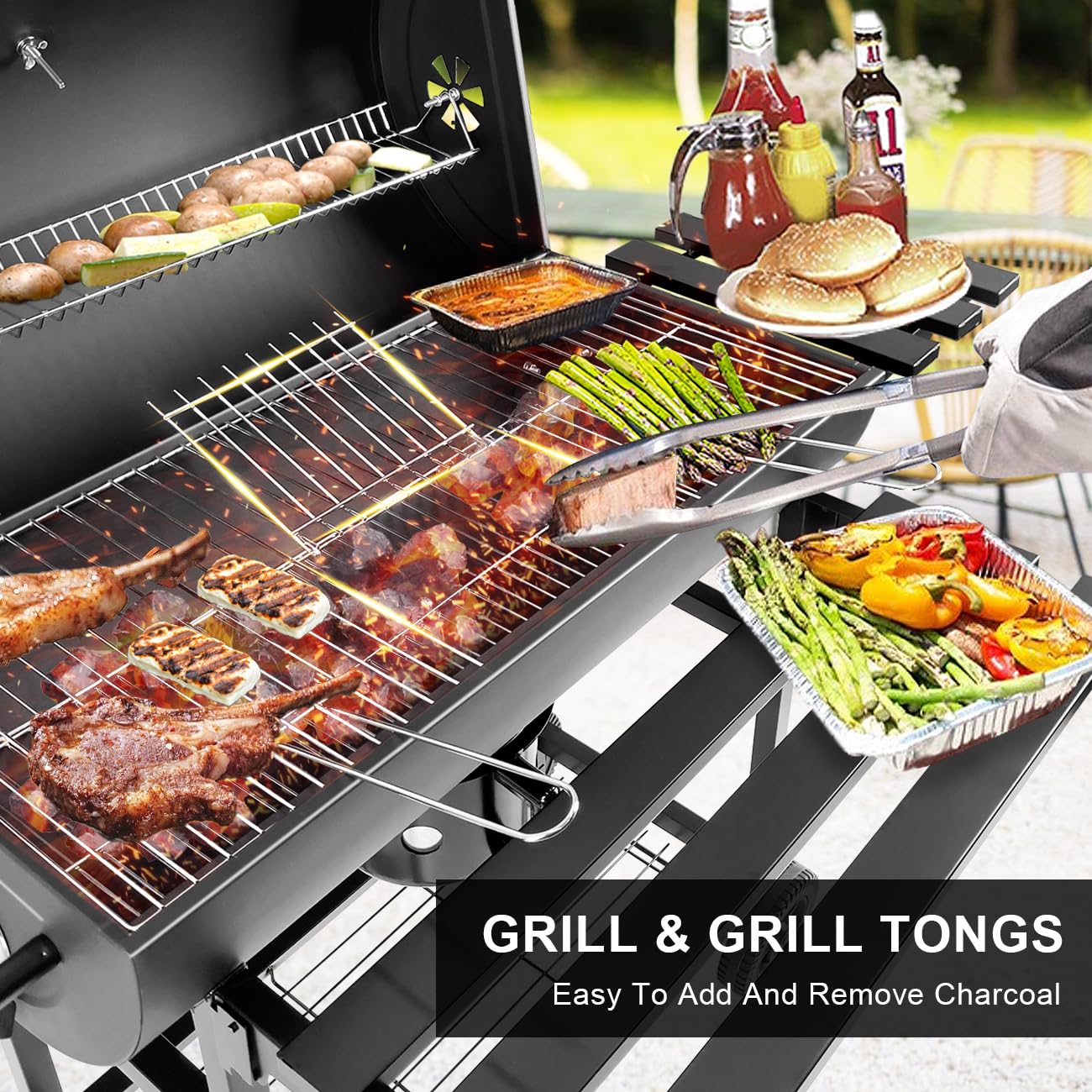 Parrilla de carbón con medidor de temperatura, parrilla grande para exteriores con mesa auxiliar, espacio de cocción de 565 pies cuadrados para 8-12 personas, ideal para acampar y barbacoa 5