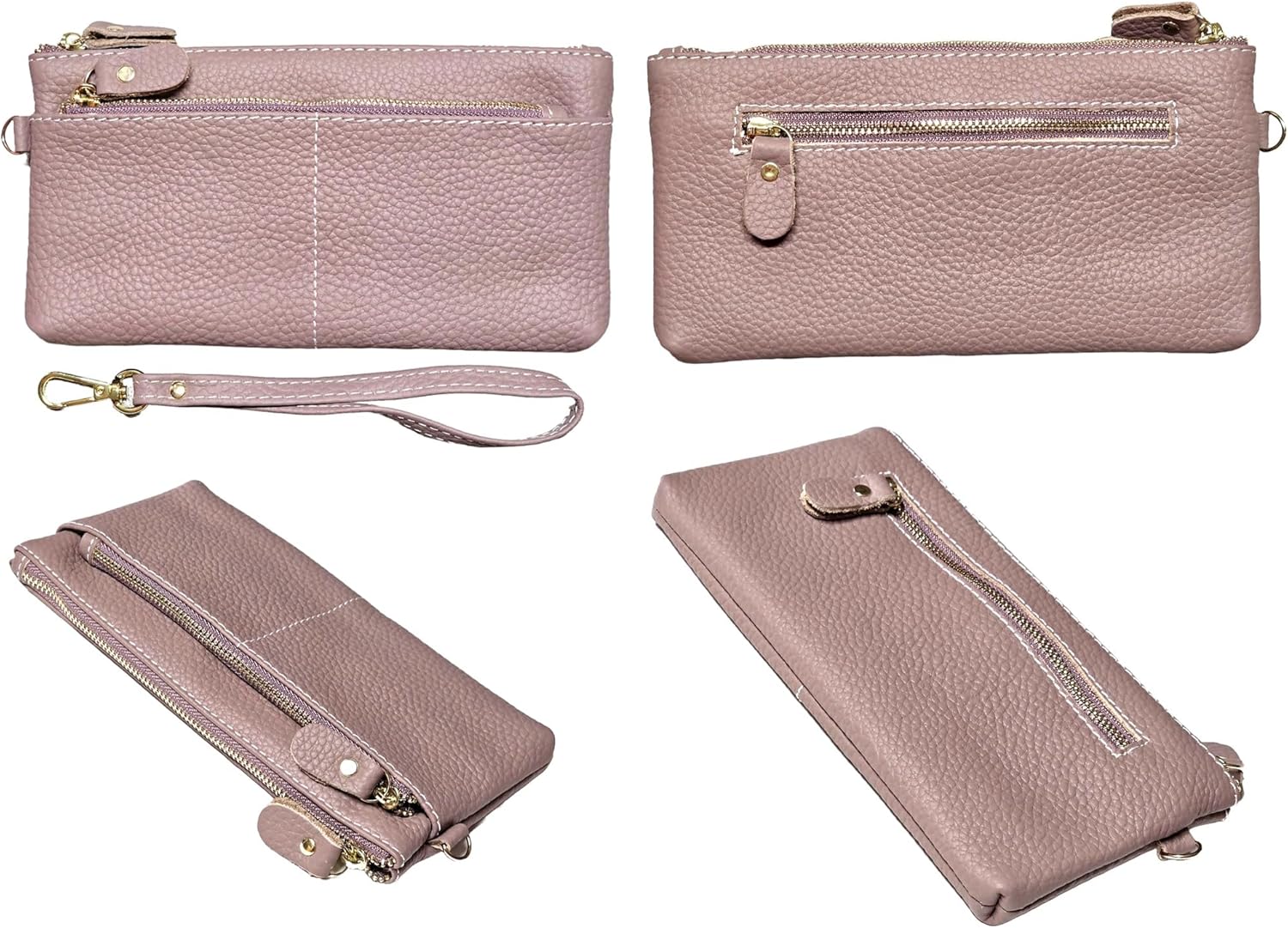 Women Genuine Real Leather Wristlet Wallet Clutch. 3 Zipped Pockets, 6 Credit Card Slots Case Coin Purse (Mauve)