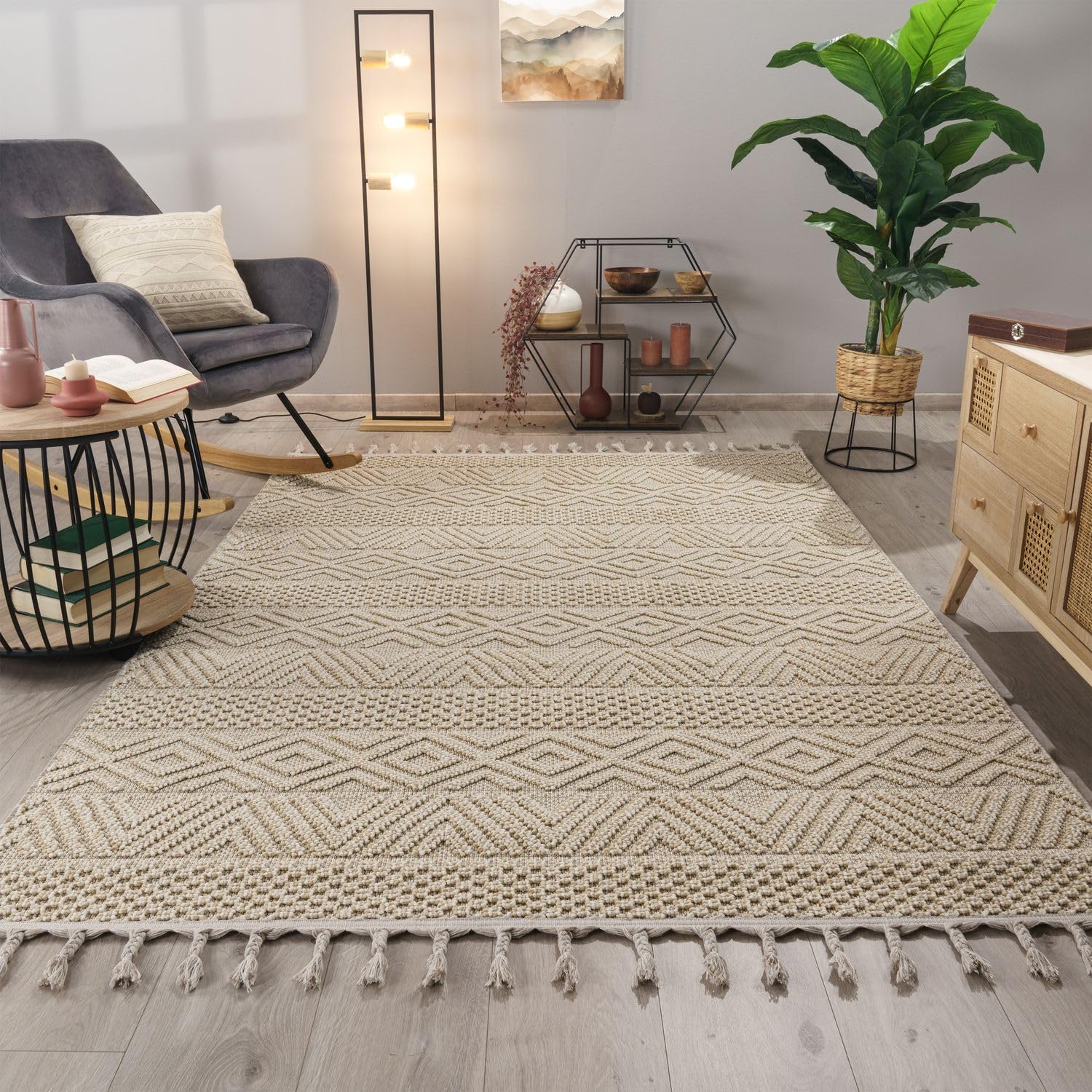 Tappeto Moderno Pelo Corto 3D Boho Skandi | Lavabile 80x150 Cm, Effetto Intaglio, Crema Per Soggiorno E Camera