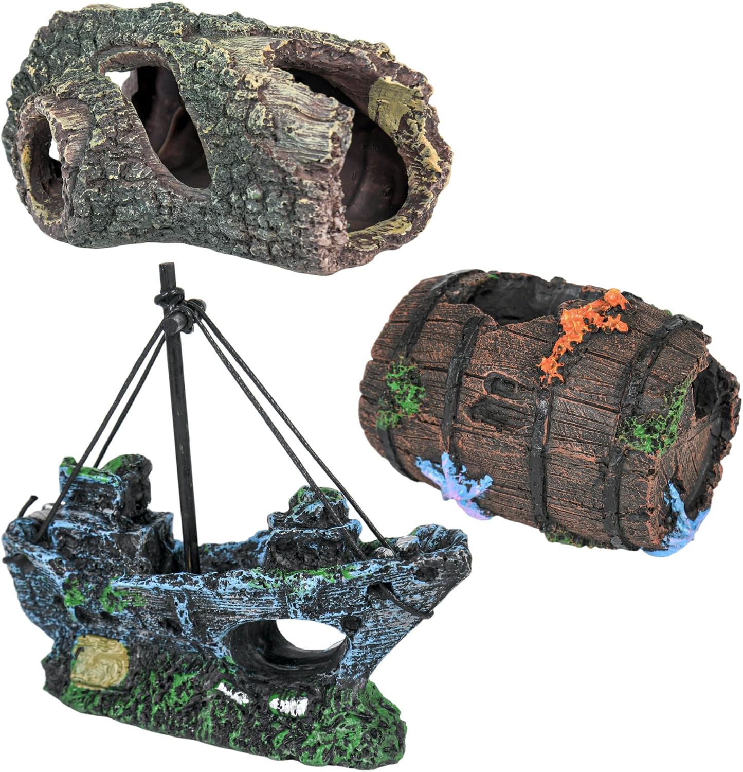 AmaQueen 3 Pcs Fish Tank Decorations, Aquarium Decor Ornaments, Betta Fish Axolotl House Hideout Cave Stuff Accessories, Set of 3 Resin Hollow Tree Trunk, Starfish Barrel, Shipwreck Ship (3)