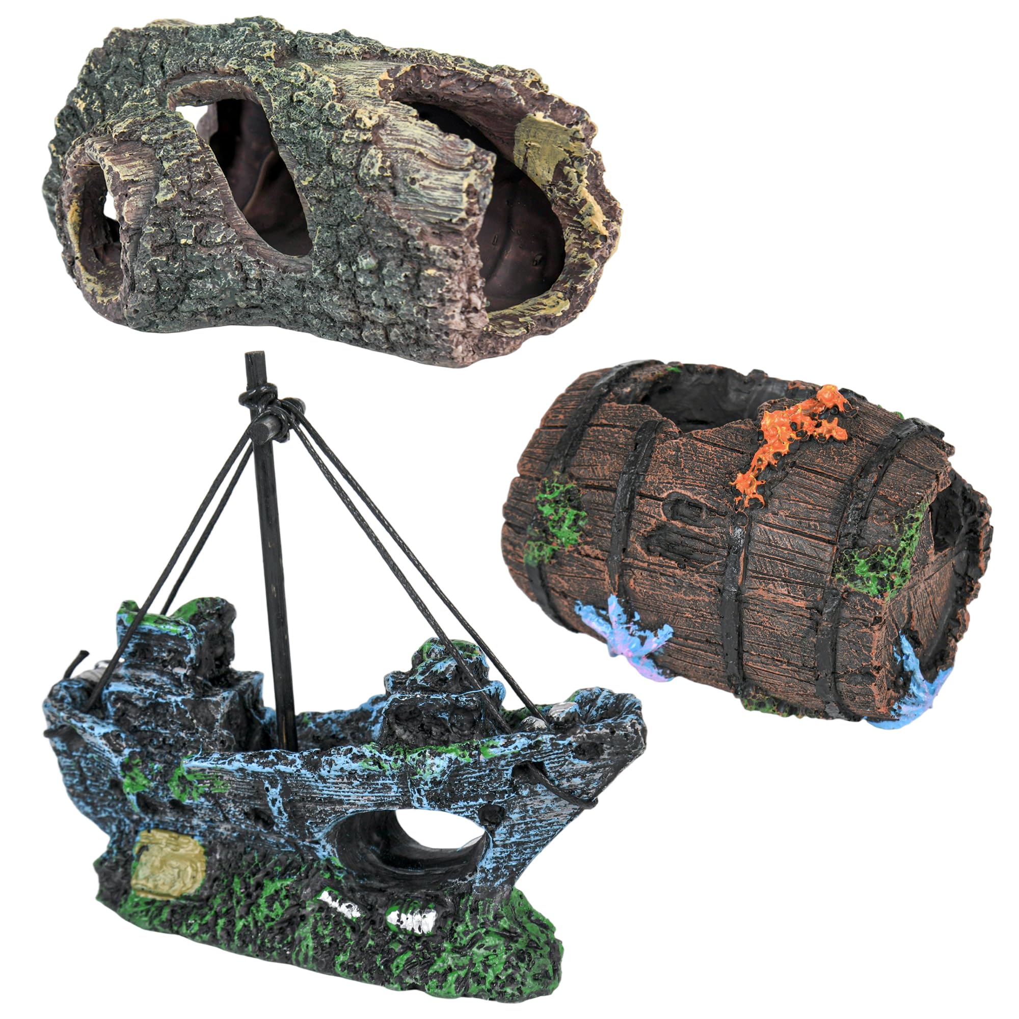 AmaQueen 3 Pcs Fish Tank Decorations, Aquarium Decor Ornaments, Betta Fish Axolotl House Hideout Cave Stuff Accessories, Set of 3 Resin Hollow Tree Trunk, Starfish Barrel, Shipwreck Ship (3)