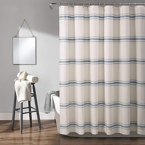 Lush Decor Cortina de regadera estilo granja a rayas de algodón, 72" ancho x 72" largo, azul - Cortina de baño a rayas - Cortinas de regadera de