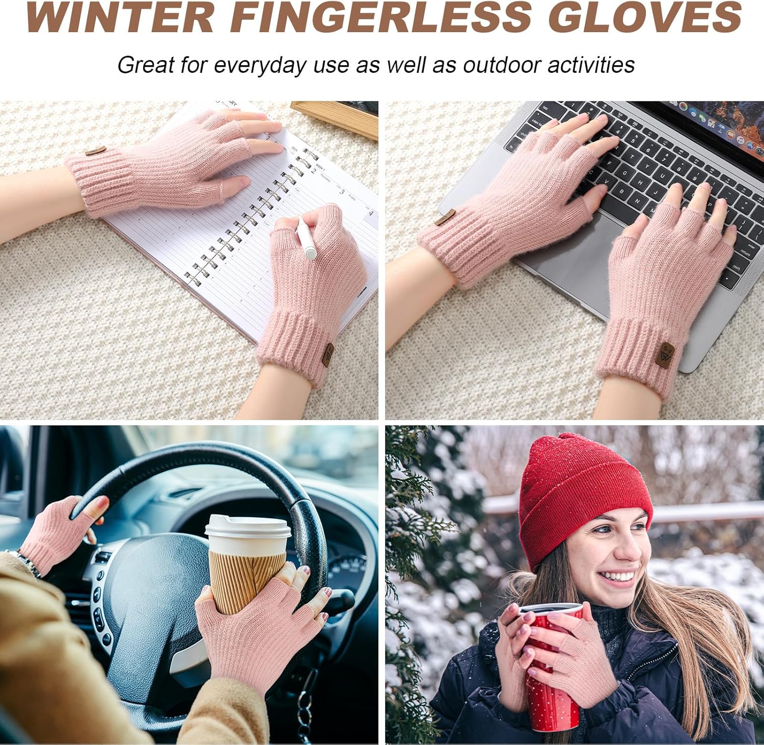 fauson Fingerless Gloves for Women - 4 Piars Winter Gloves Men Warm Knit Cold Weather, Half Finger Glove for Winter Gifts - Image 4