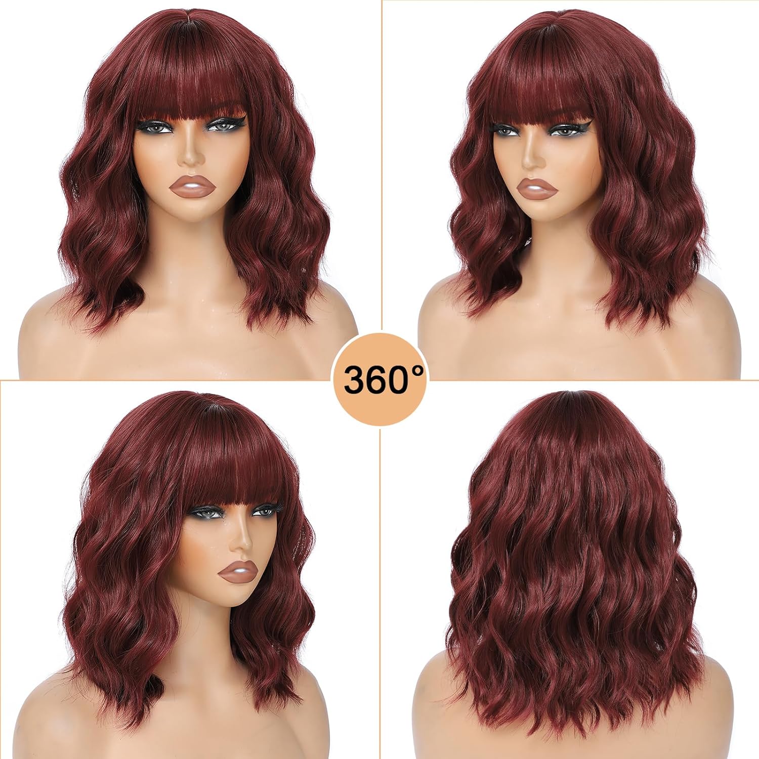 Wine Red Short Wavy Wigs with Bangs Bob Wig Shoulder Length 14Inch Synthetic Hair for Women Girl Colorful Cosplay Wig Synthetic Heat Resistant Fiber Hair for Daily Party Halloween Use(118A#WineRed) - Image 4