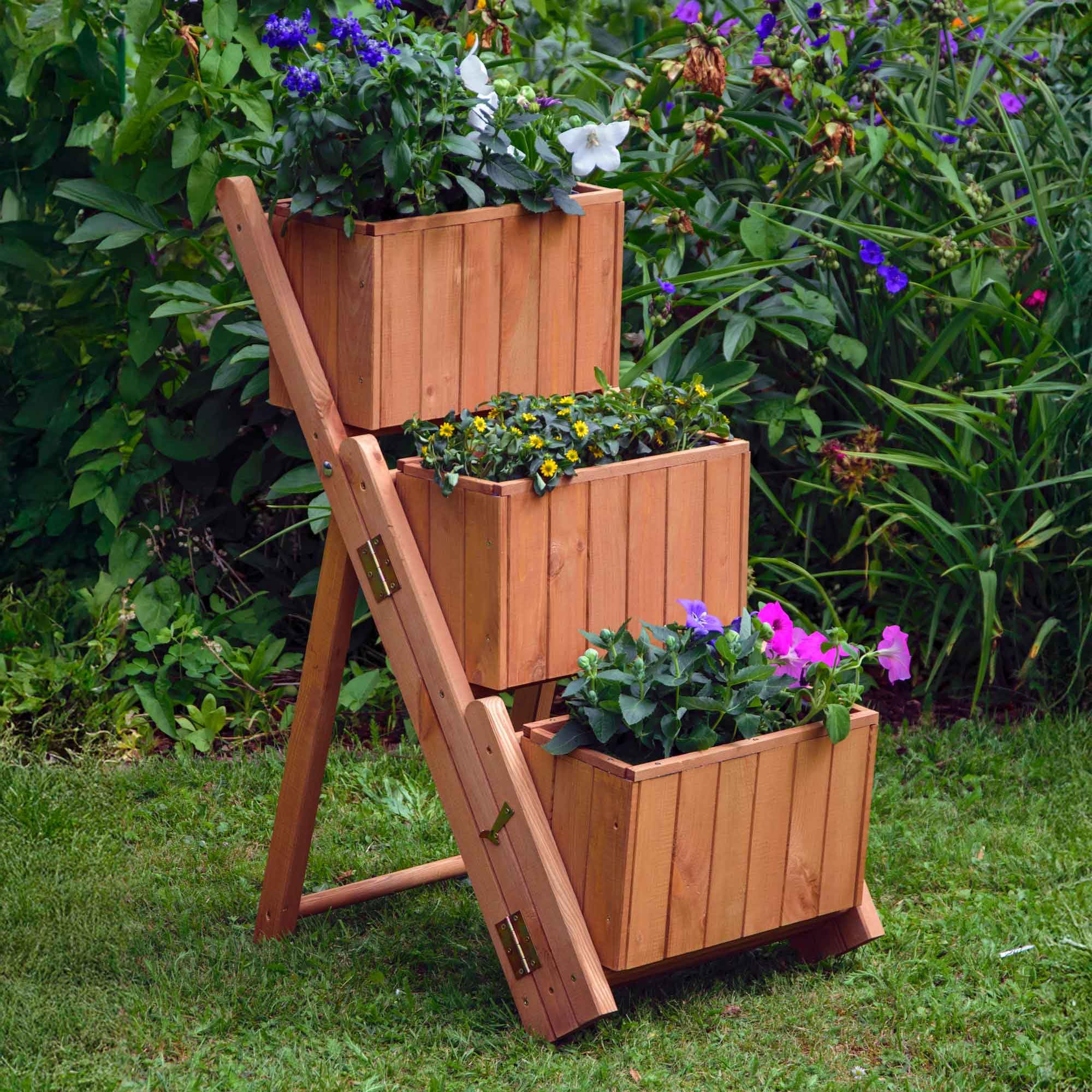 dobar® 29251e ausklappbare Pflanztreppe Dreistufig | Blumentreppe mit 3 separaten Pflanzkästen | Blumenkästen inkl. Pflanzfolie | Vormontierte Blumenkasten | Pflanzkübel Holz | 41 x 55 x 85 cm | Braun