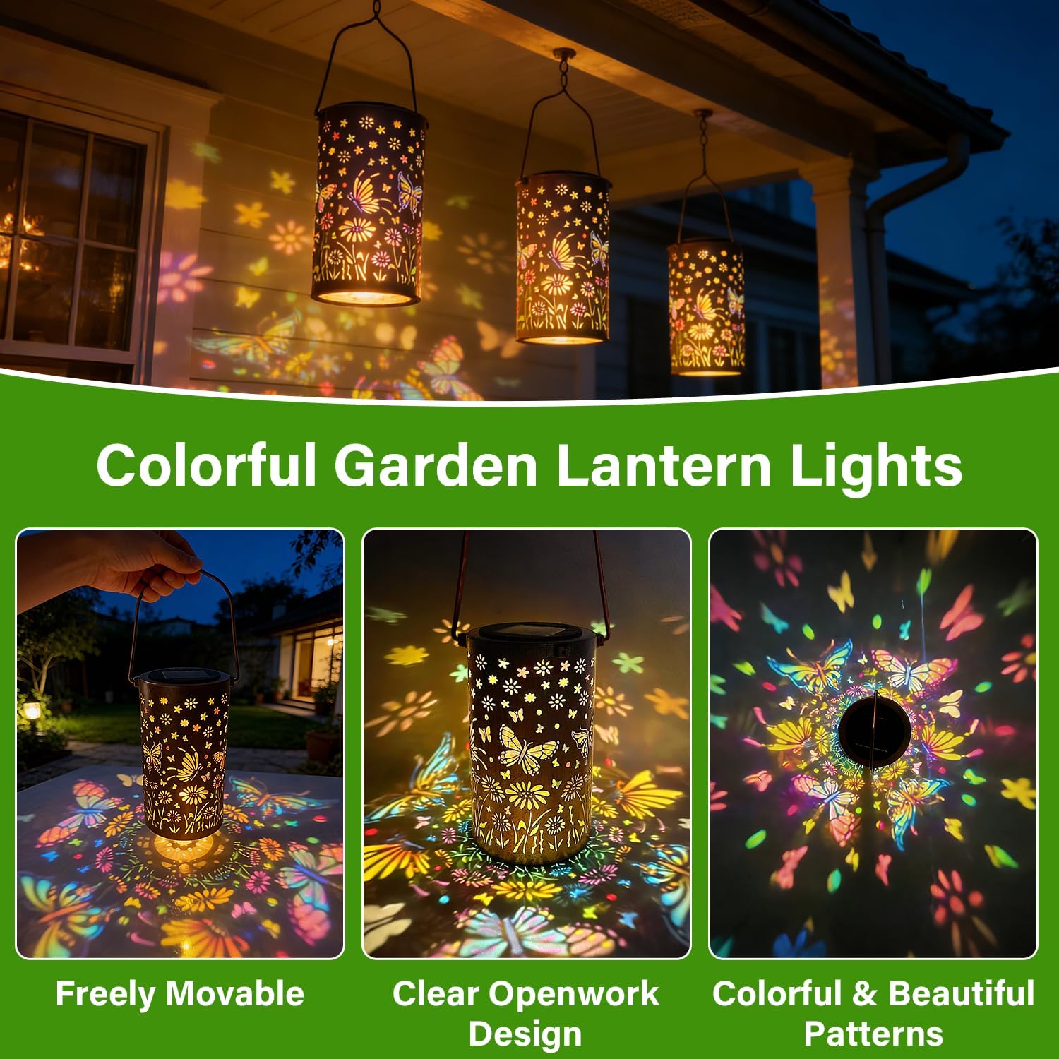 Colorful Butterfly Solar Lanterns Outdoor Waterproof, Garden Decor Gifts for Women Mom Sister Grandma, LED Hanging Solar Lantern Lights Outside for Table Yard Lawn Garden Path Porch Decor