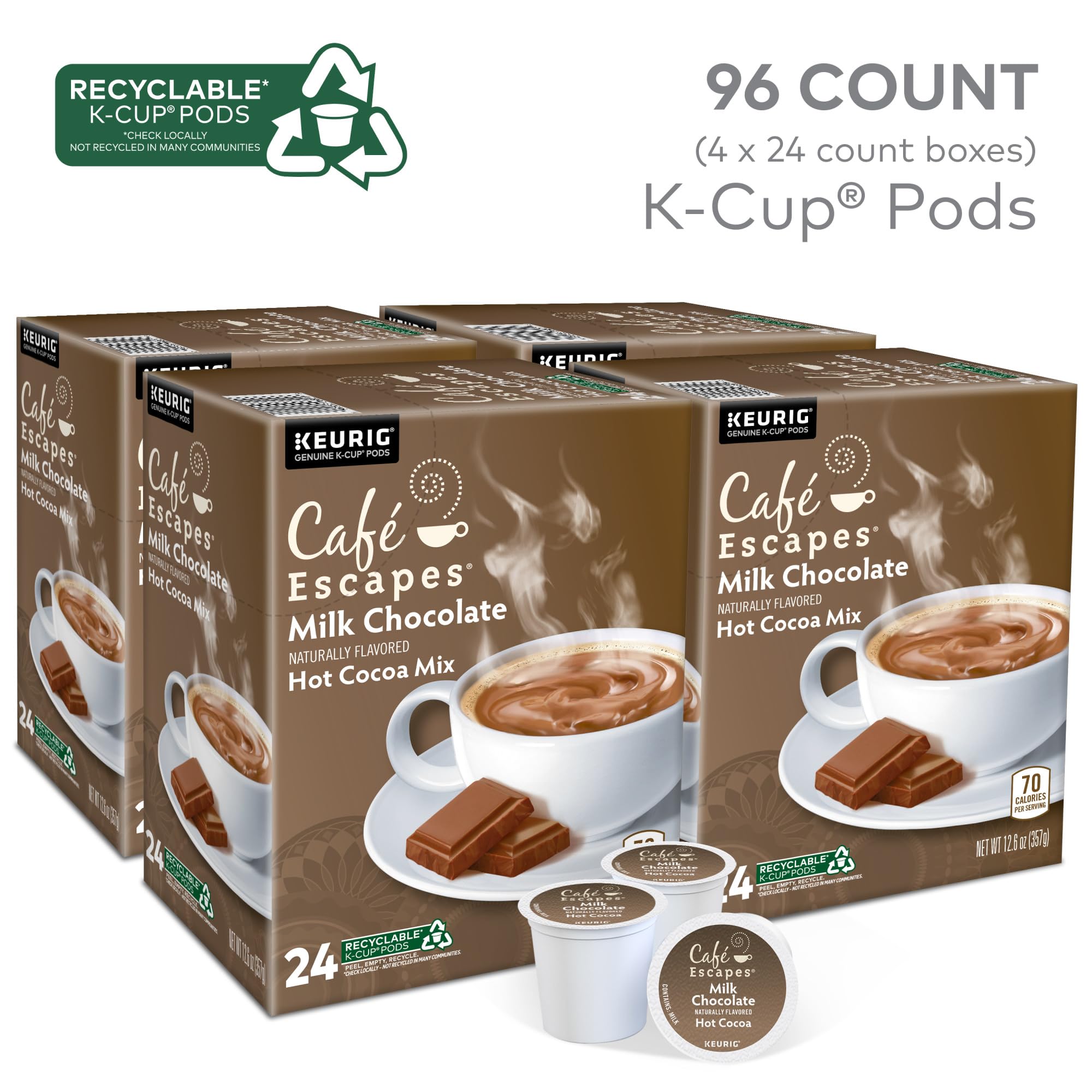 Cafe Escapes, Milk Chocolate Hot Cocoa, Single-Serve Keurig K-Cup Pods, 96 Count (4 Boxes of 24 Pods)