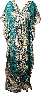 Indiatrendzs Women's Boho Maxi Dress Green Printed Resort Wear Maxi Kaftan One Size