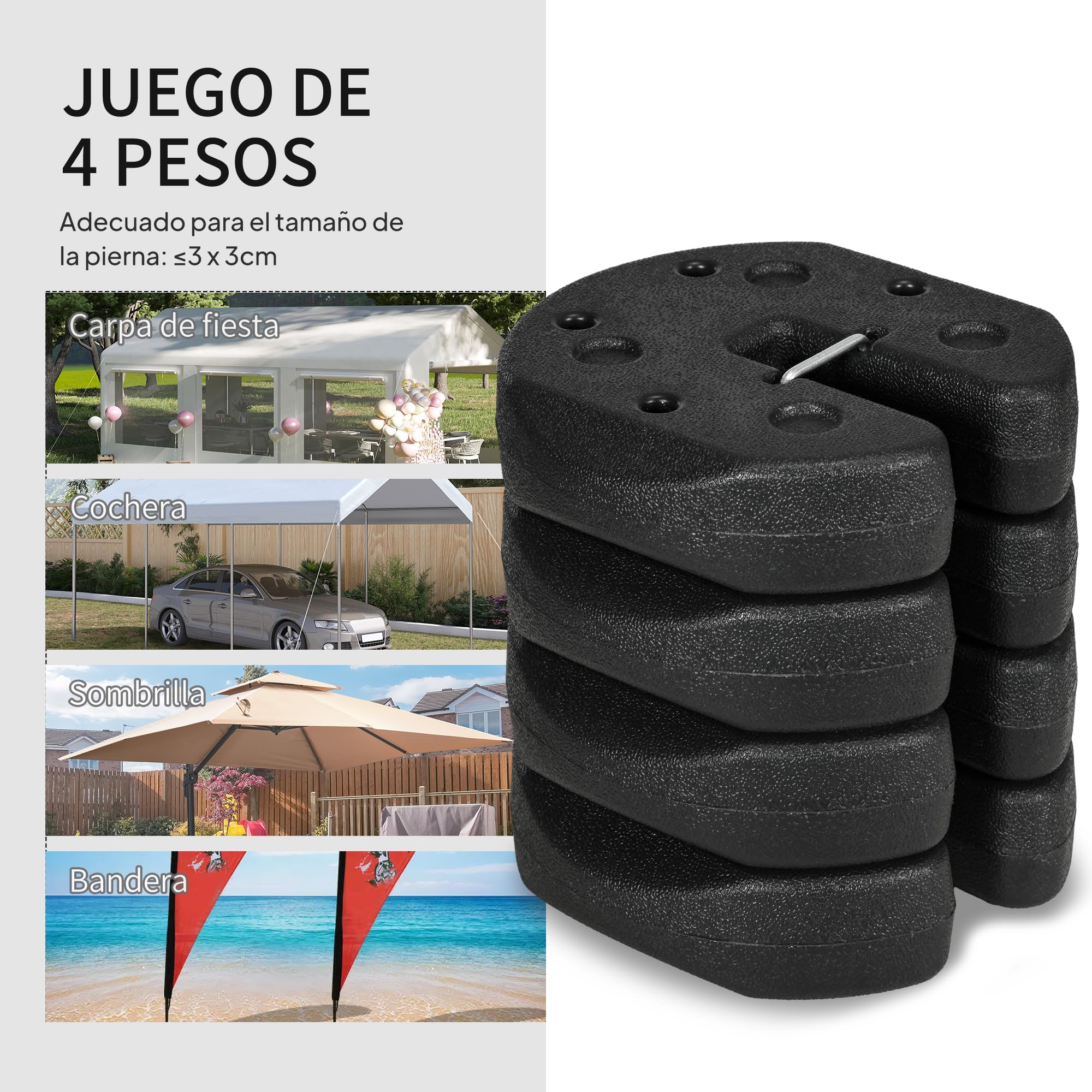 Outsunny Pesos para Carpas Plegables Pack de 4 Bases Ø22x5,5 cm Negro | Pesos para Cenador, Rellenados con Cemento, Bases para Toldo Pérgola
