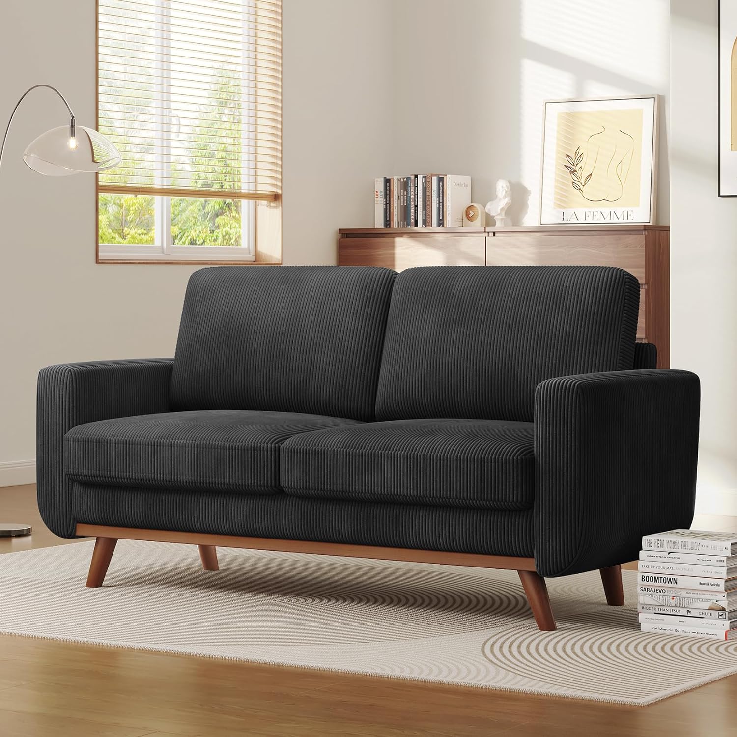 Vesgantti 68" Loveseat Sofa Black, Comfy Corduroy Couch with Spring Cushion and Solid Wood, Modern Extra Deep Seat for Bedroom, Living Room, Office