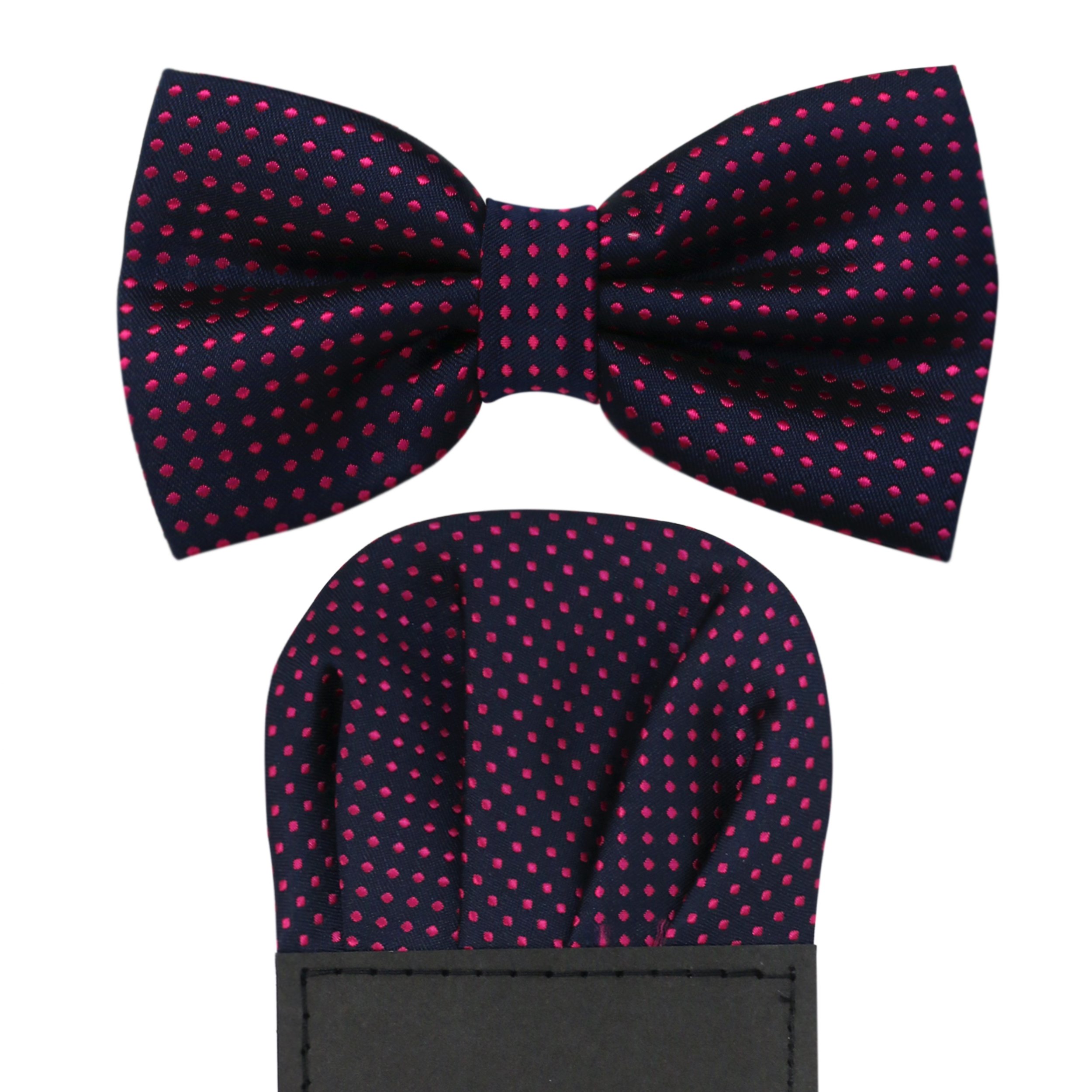 Polka Dot Accessory Set: Pre-tied Adjustable Satin Bow Tie & Matching Pre-folded Pocket Square (2pc) (Navy Blue/Red)