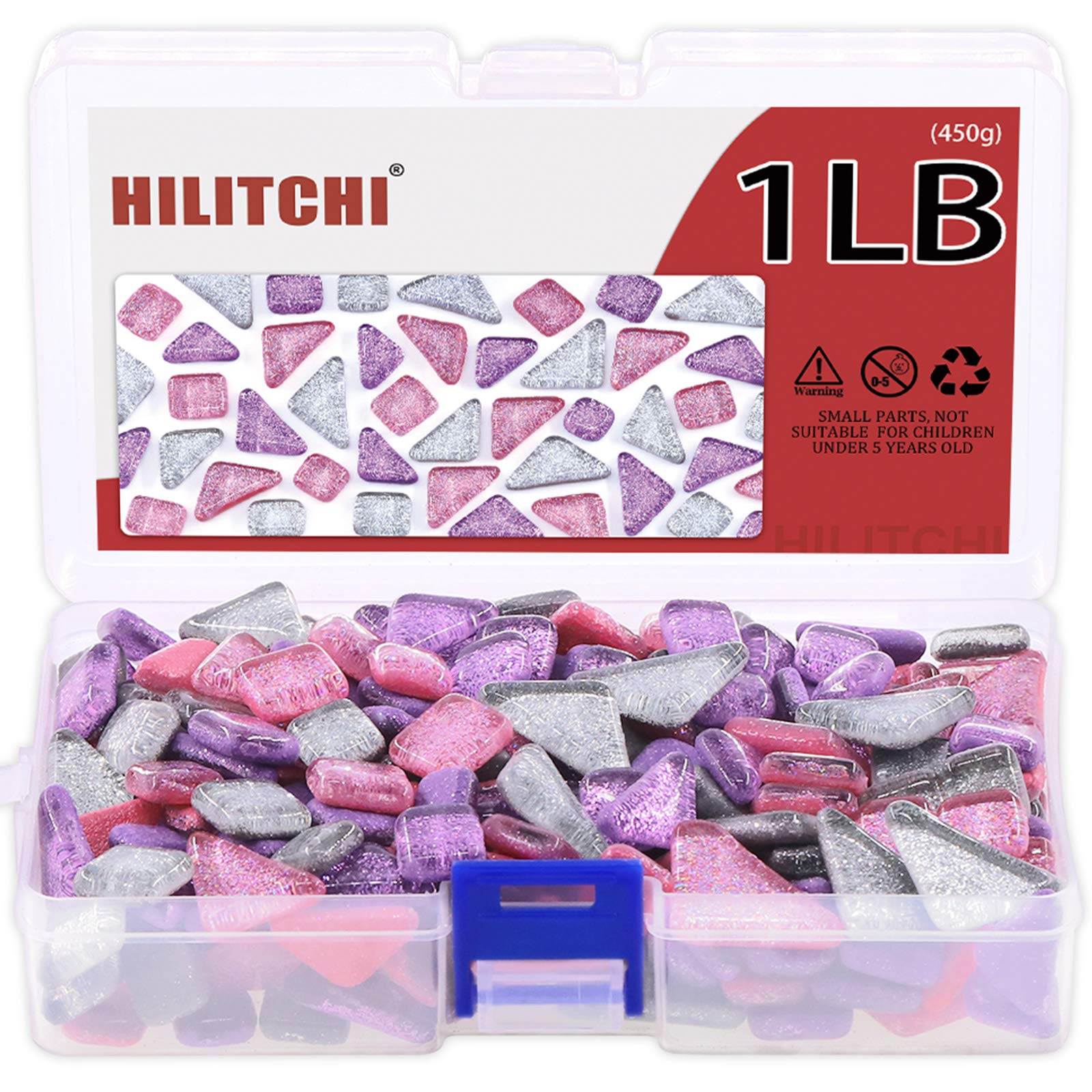 Hilitchi 1lb Assorted Stained Glass Mosaic Tile Mixed Shapes and Colors Glass Pieces for DIY Crafts(Purple/Grey/Pink))