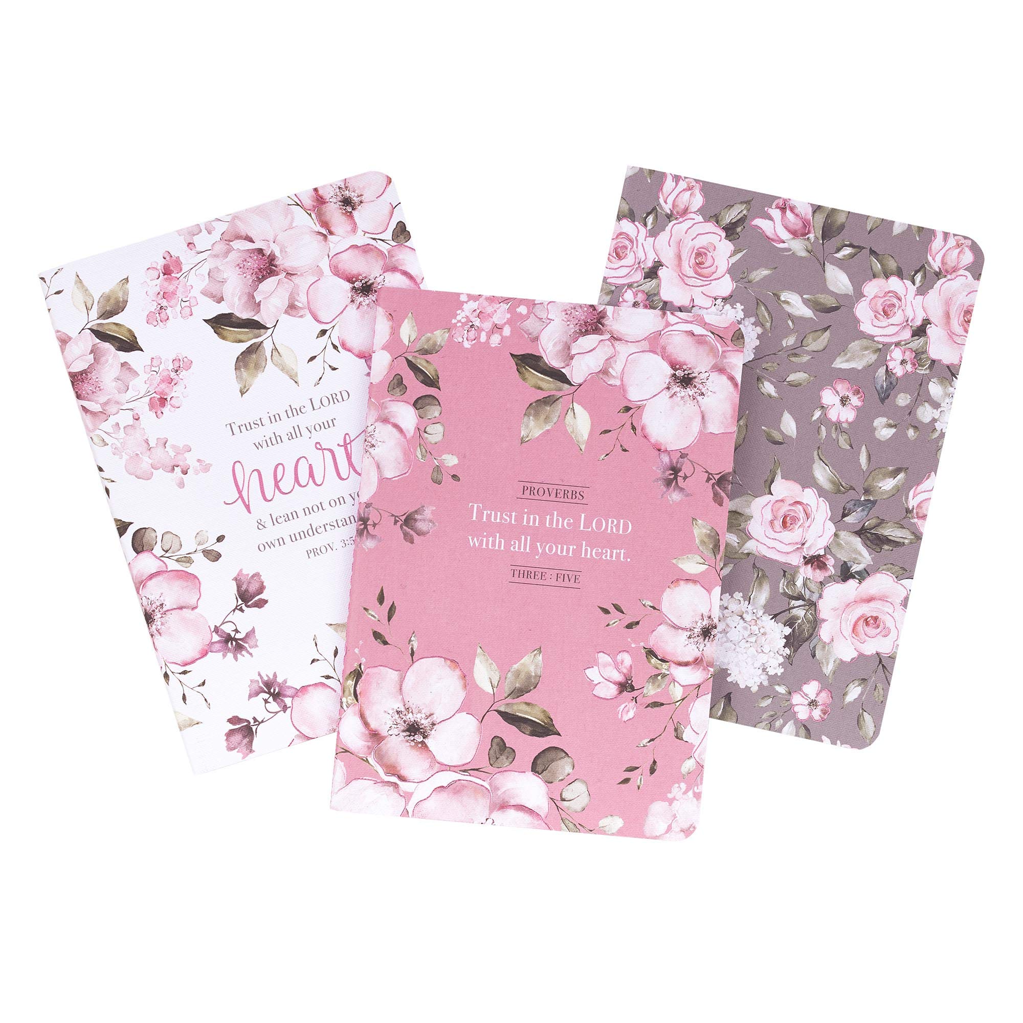 Christian Art Gifts Slim Scripture Notebooks for Women, Trust in the Lord with all your heart - Proverbs 3:5 Inspirational Bible Verse Variety, Pink Floral Set/3 Medium