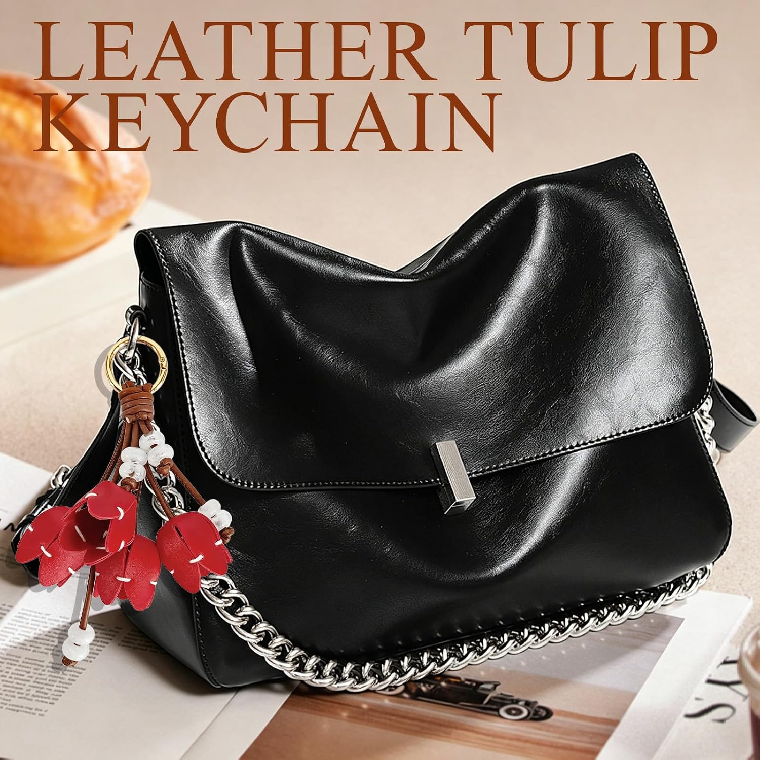 Genuine Tulip Faux Leather Flower Keychain image 4