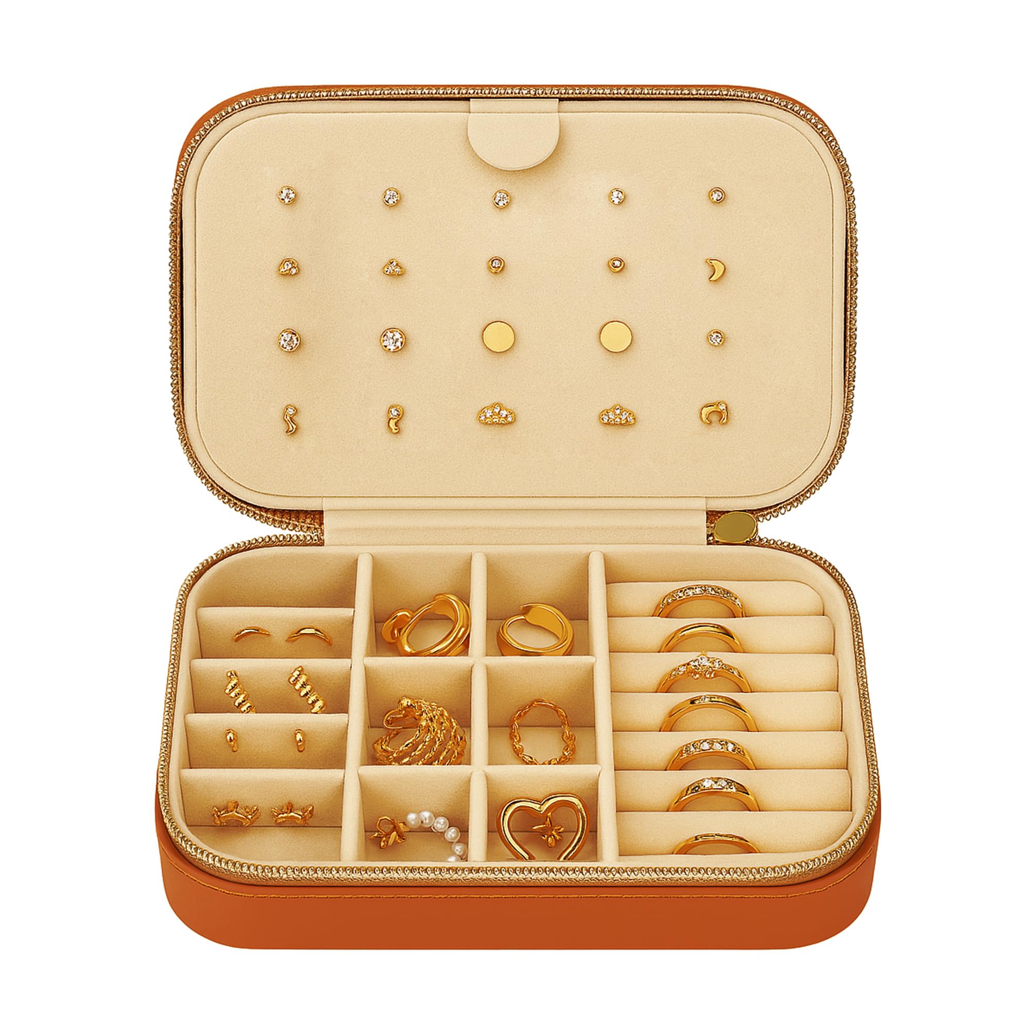 Joyero para mujer, organizador pequeño de viaje con cuero vegano y forro de gamuza suave, diseño compacto y elegante para collares, aretes y anillos, color marrón neutro