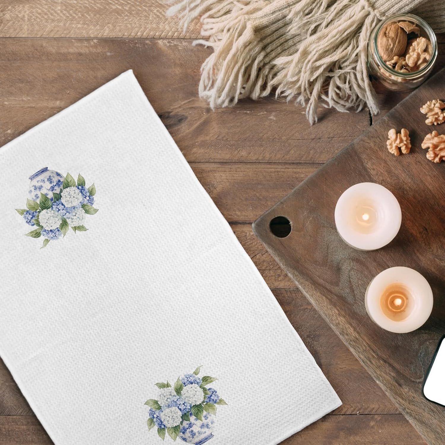 Blue and White Chinoiserie Floral Kitchen Towels Set of 2, Blue and White Porcelain Hydrangea Flowers Decorative Dish Tea Towels, Grand Millenial Decor Hand Towels for Bathroom, 16X24In - Image 5