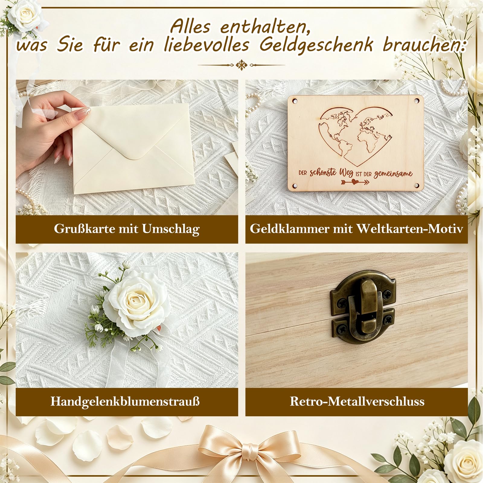 Caja de madera para regalo de boda, grande, regalo de boda para novios, caja de regalo con tarjeta, pinza para dinero y flores secas, para bodas para tu camino común