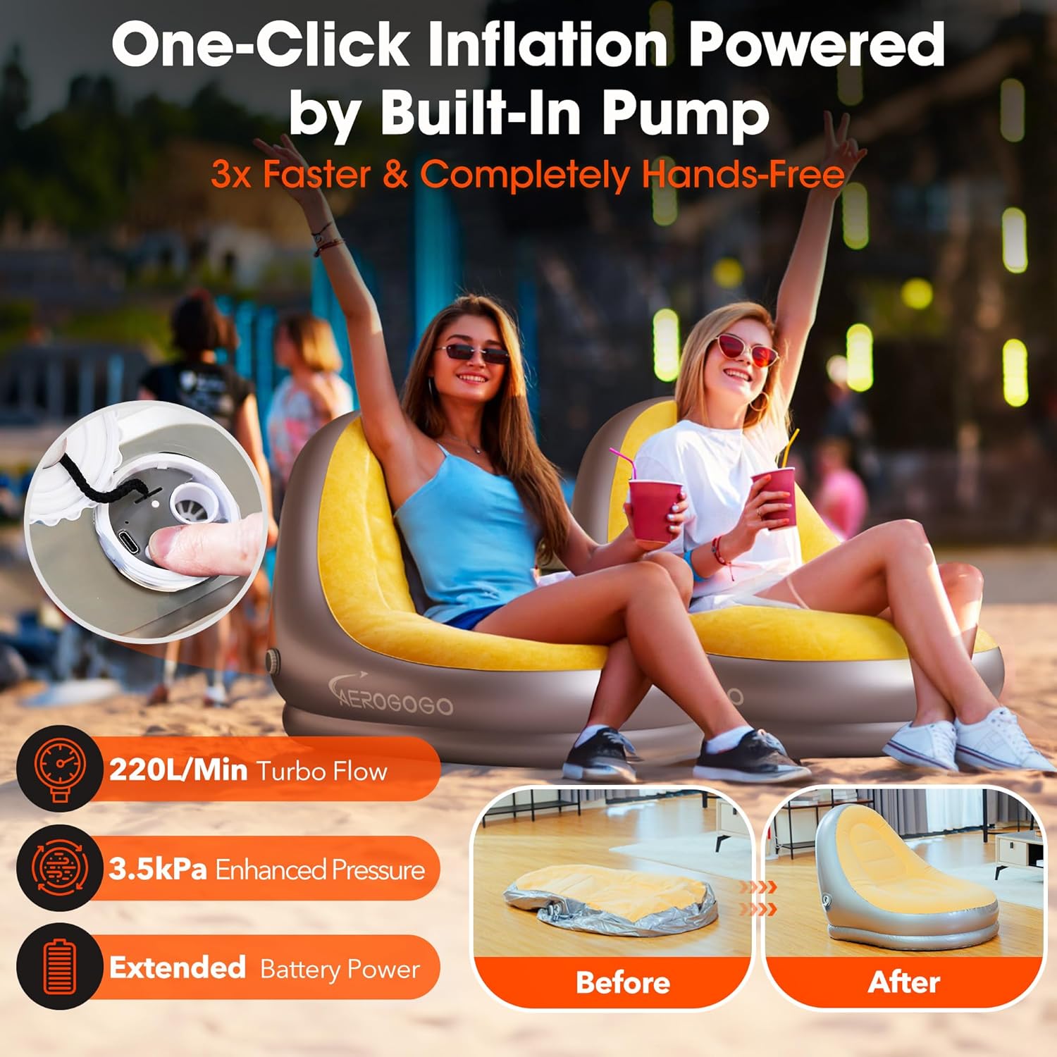 Aerogogo Inflatable Chair Built in Rechargeable Pump, 3kPa High-pressureGaming Chair for Kids, Inflatable Bean Bag Chair for Indoor Office Outdoor Camping
