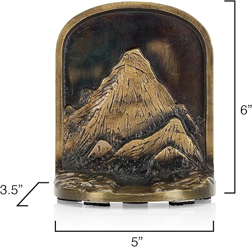 Miniatura 2 de CRAFTSMAN ROAD Juego de sujetalibros de montaña de hierro fundido, extremos de libros de latón antiguo, 2 soportes decorativos para estantes o