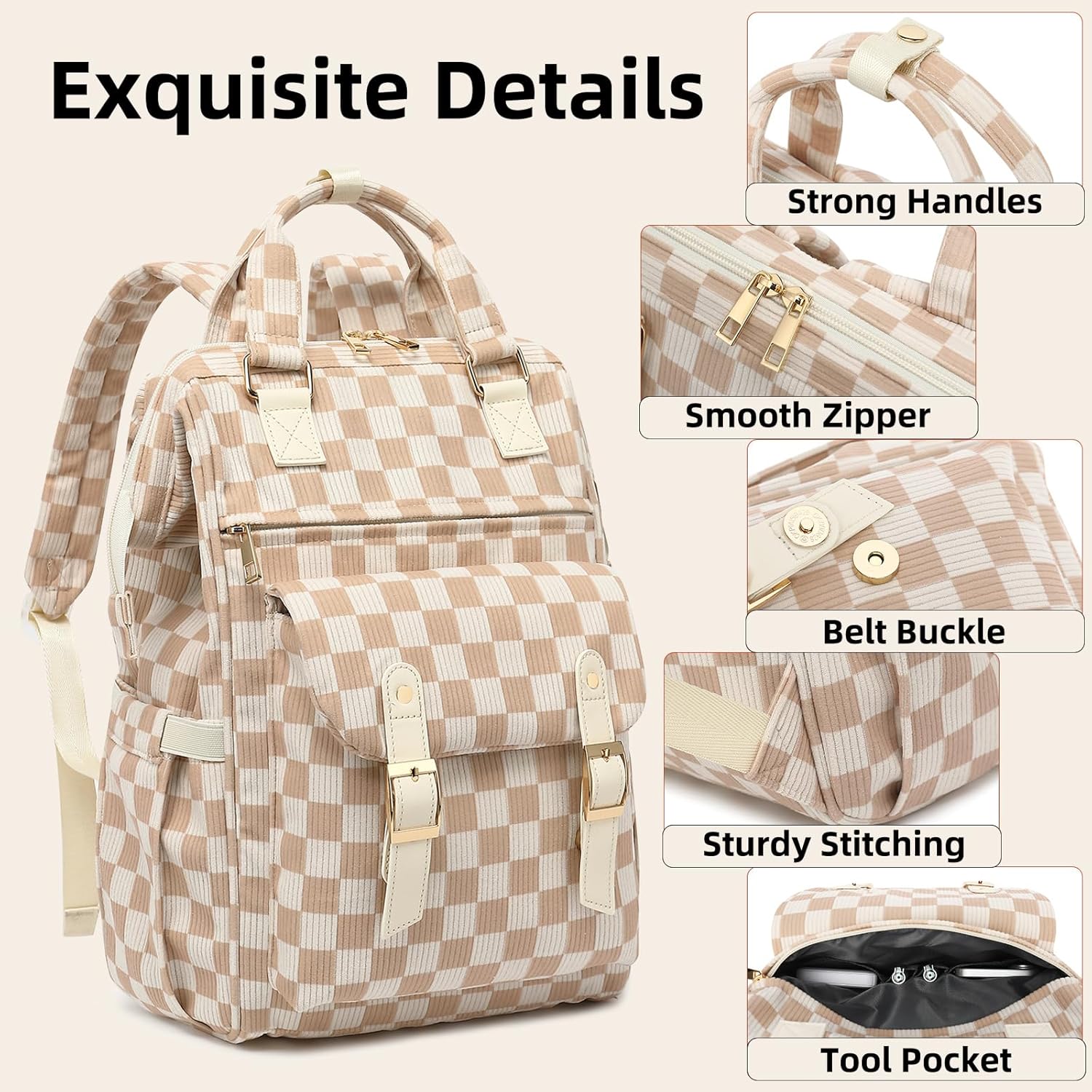 Corduroy Laptop Backpack for Women 15.6 Inch Stylish College School Bookbag, Business Work & Travel Computer Backpacks (Checkered Brown) - Image 4