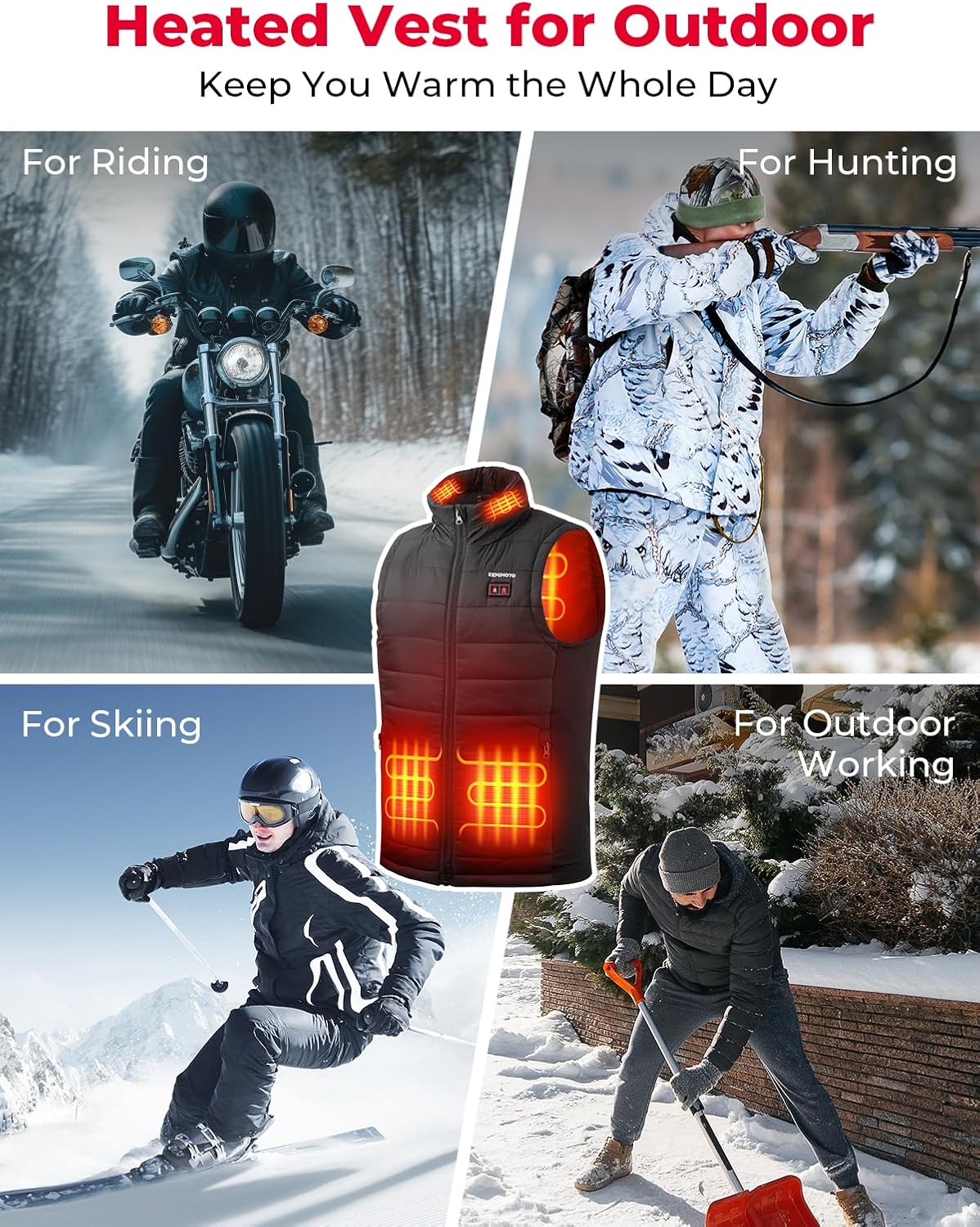 KEMIMOTO Heated Vest for Men with Battery, Mens Rechargeable Heated Vest, Hooded Electric Heating Vests for Hiking Hunting - Image 6