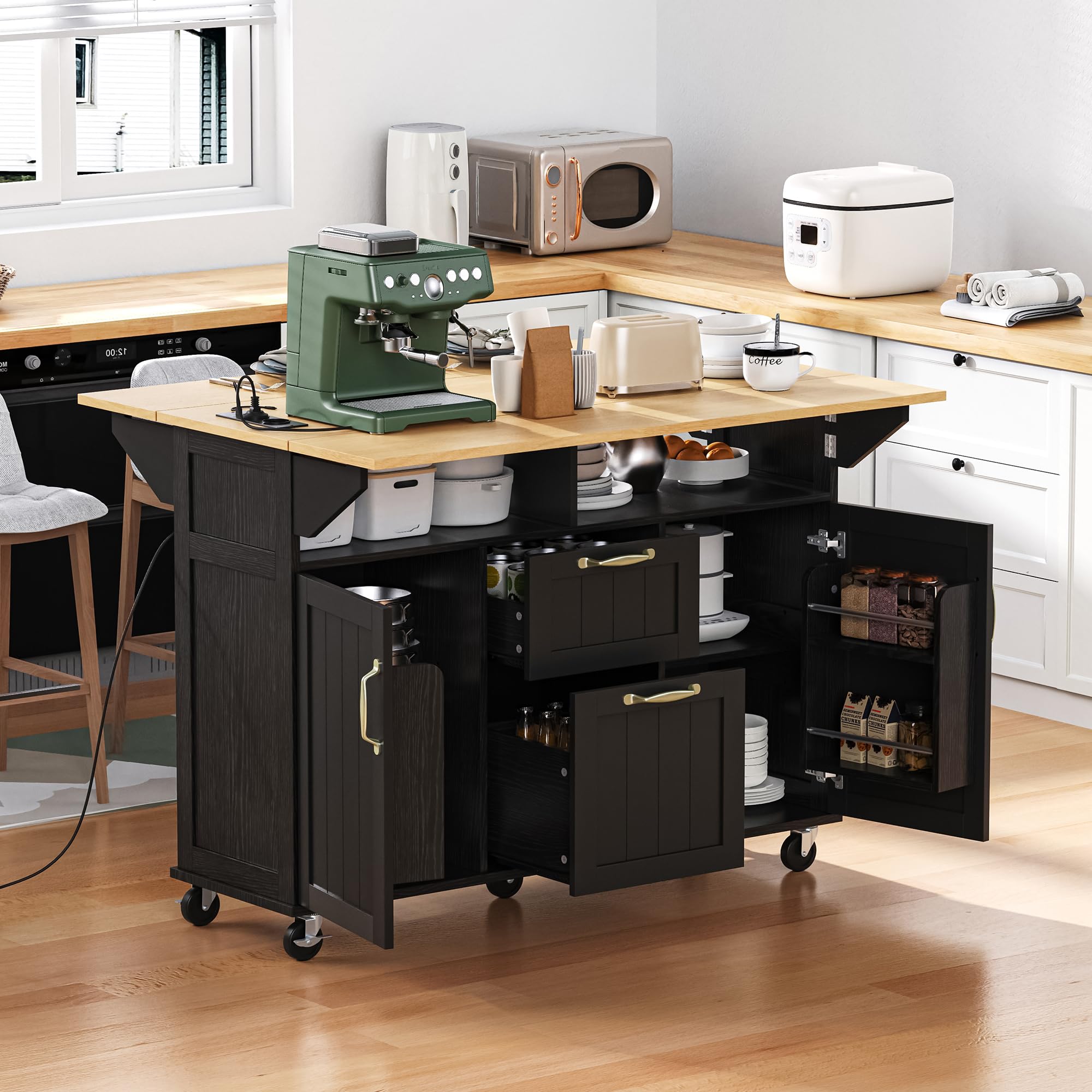 Îlot Central Cuisine, Meuble Cuisine avec Plan de Travail, Multiprises, Poubelle Cuisine, Tiroirs et Porte-Serviettes, Desserte Cuisine sur roulettes pour Cuisine et Salle à Manger, Noir