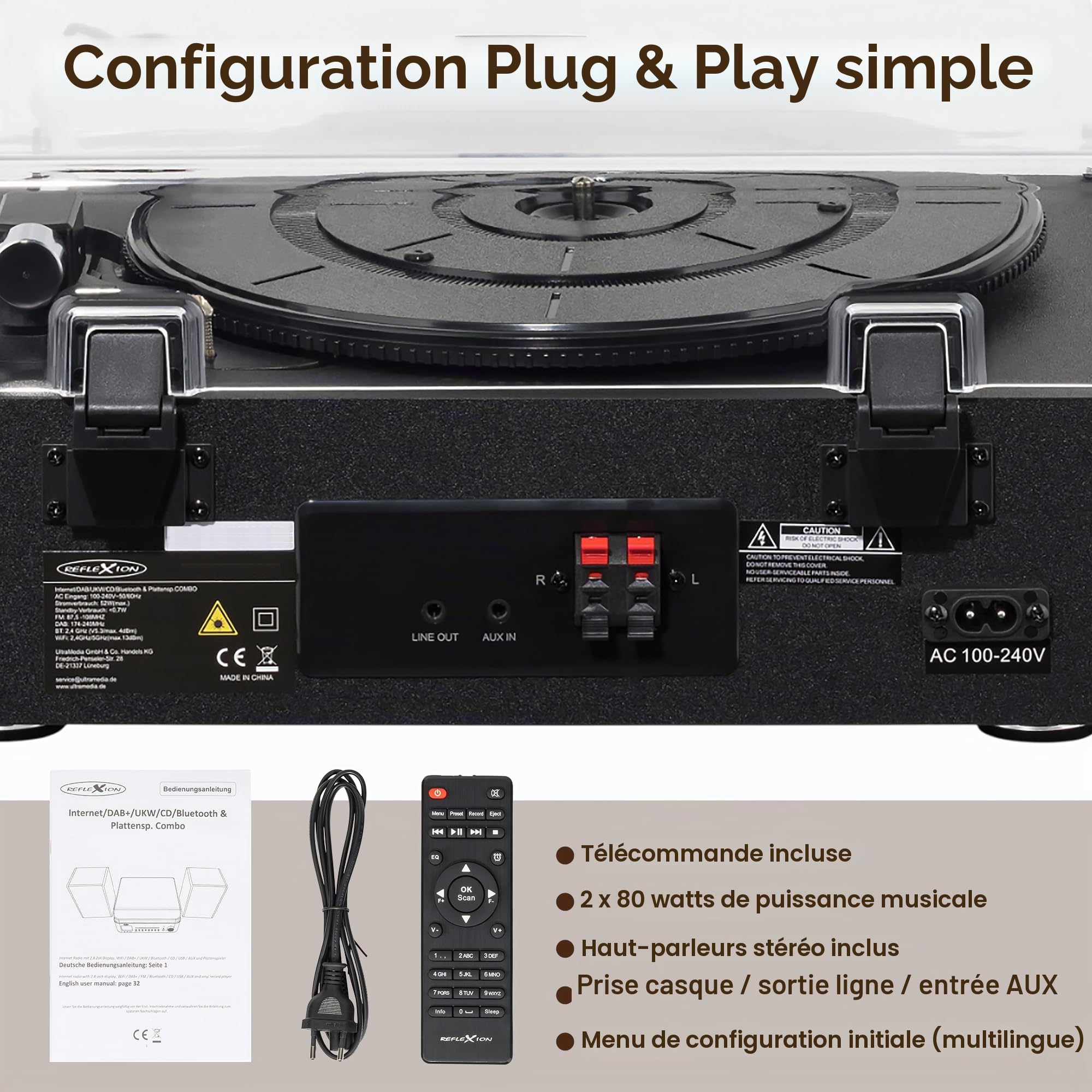 Reflexion HIF2082DAB Platine Disque rétro avec Haut-Parleur et Bluetooth | Système de Musique avec Dab+, CD, FM, Enregistrement MP3 USB, écran Couleur, réveil et minuterie de Mise en Veille – Kit