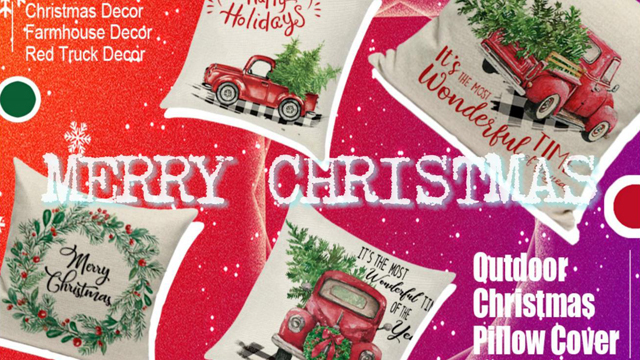 Watercolor Festive Year Red Truck Fir Tree Decorated Balls White Green Pillowcas