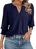 3/4 Length Sleeve Womens Tops Dressy Casual V Neck Cute T-Shirts Hollow Out Blouses