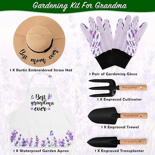 Miniatura 4 de Regalos para abuela, kit de herramientas de jardinería de lavanda, herramientas de mano para plantar, sombrero de paja, delantal floral, guante para