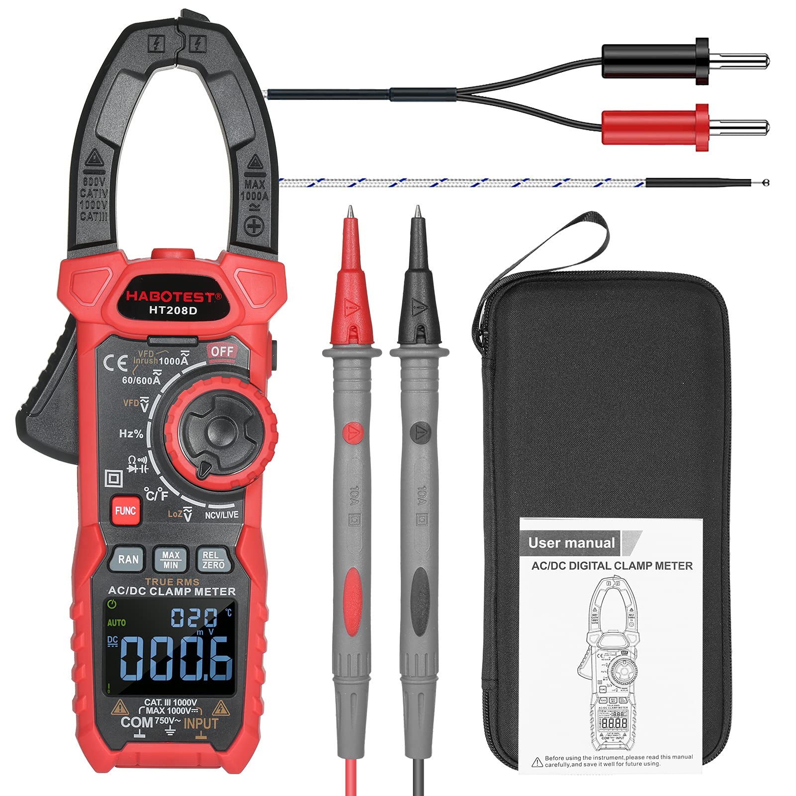 Domary Pinza Amperimétrica Digital de HABOTEST con Función de Corriente Entrada para Uso Profesional Tamaño Mandíbula 40 Mm Negro y Rojo 1 Unidad