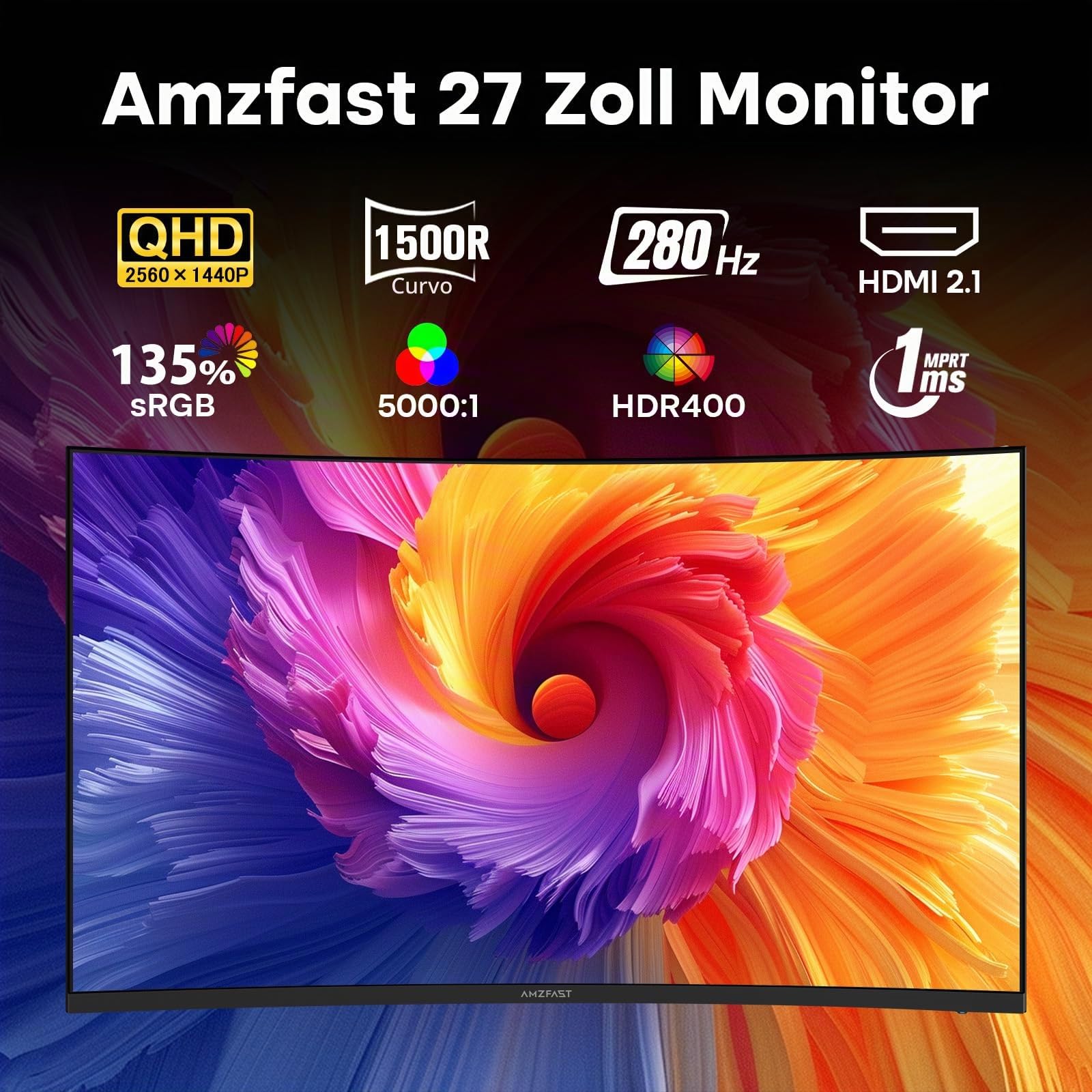 Amzfast Monitor da Gaming Curvo 1500R con Adaptive-Sync, HDMI/DisplayPort, 27 pollici 240Hz/QHD