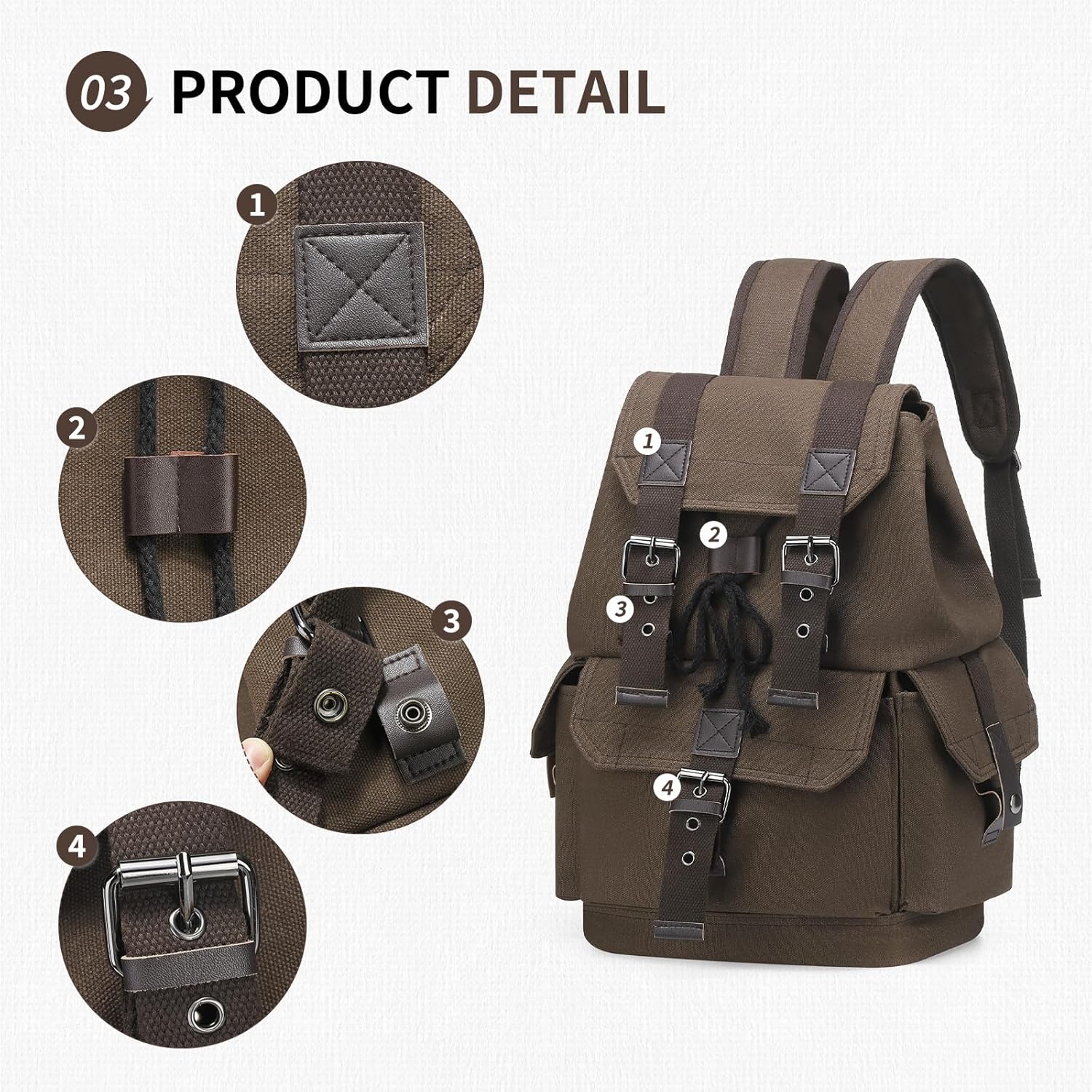 Vintage Canvas Backpack for Men Women, Durable Casual Daypack, Large Capacity Travel Rucksack Fits for Hiking and Daily Use (Coffee) - Image 5